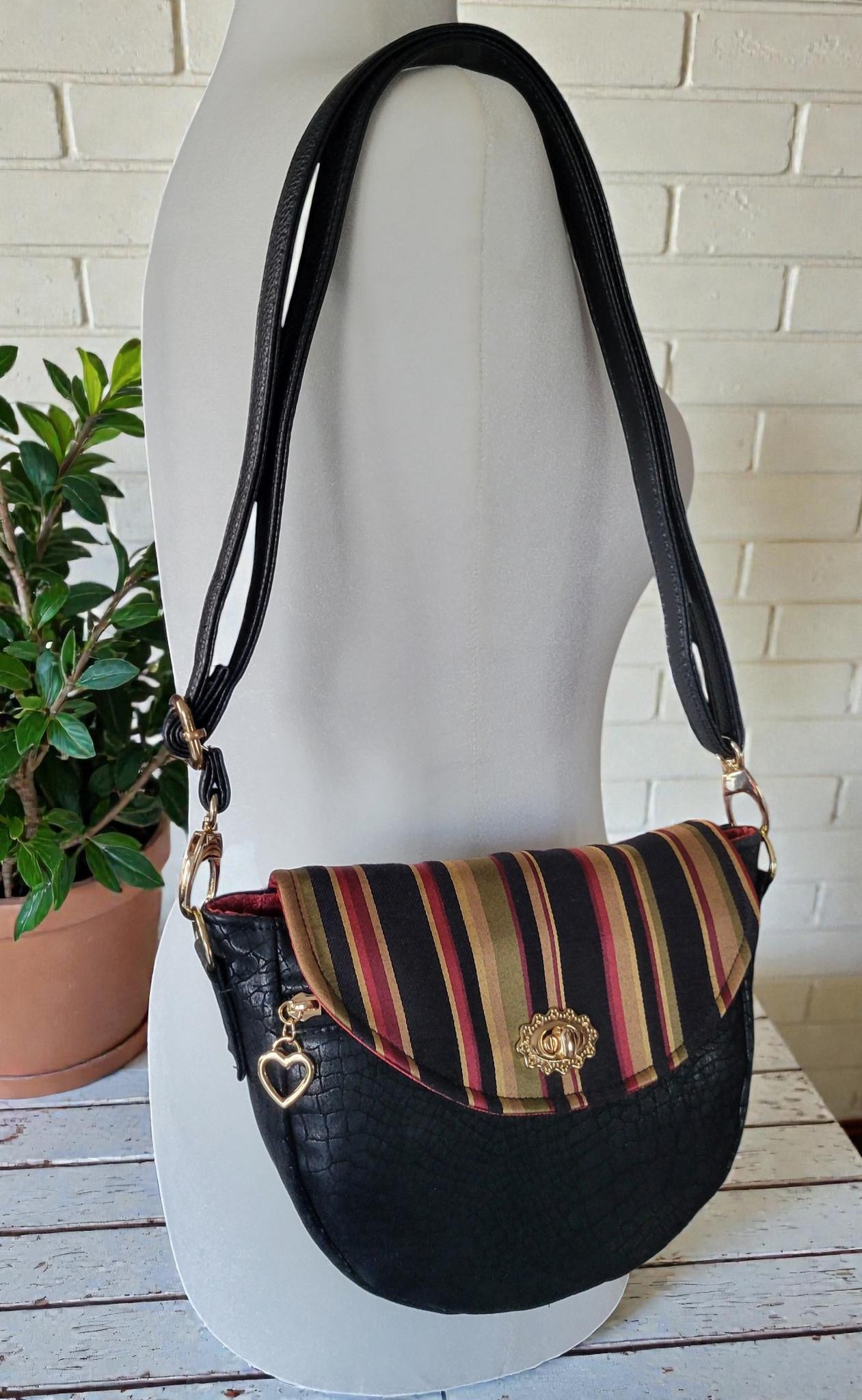 Vintage-Inspired Saddle Bag - Single Flap Handbag - Gold Striped Jacquard Purse, view 10