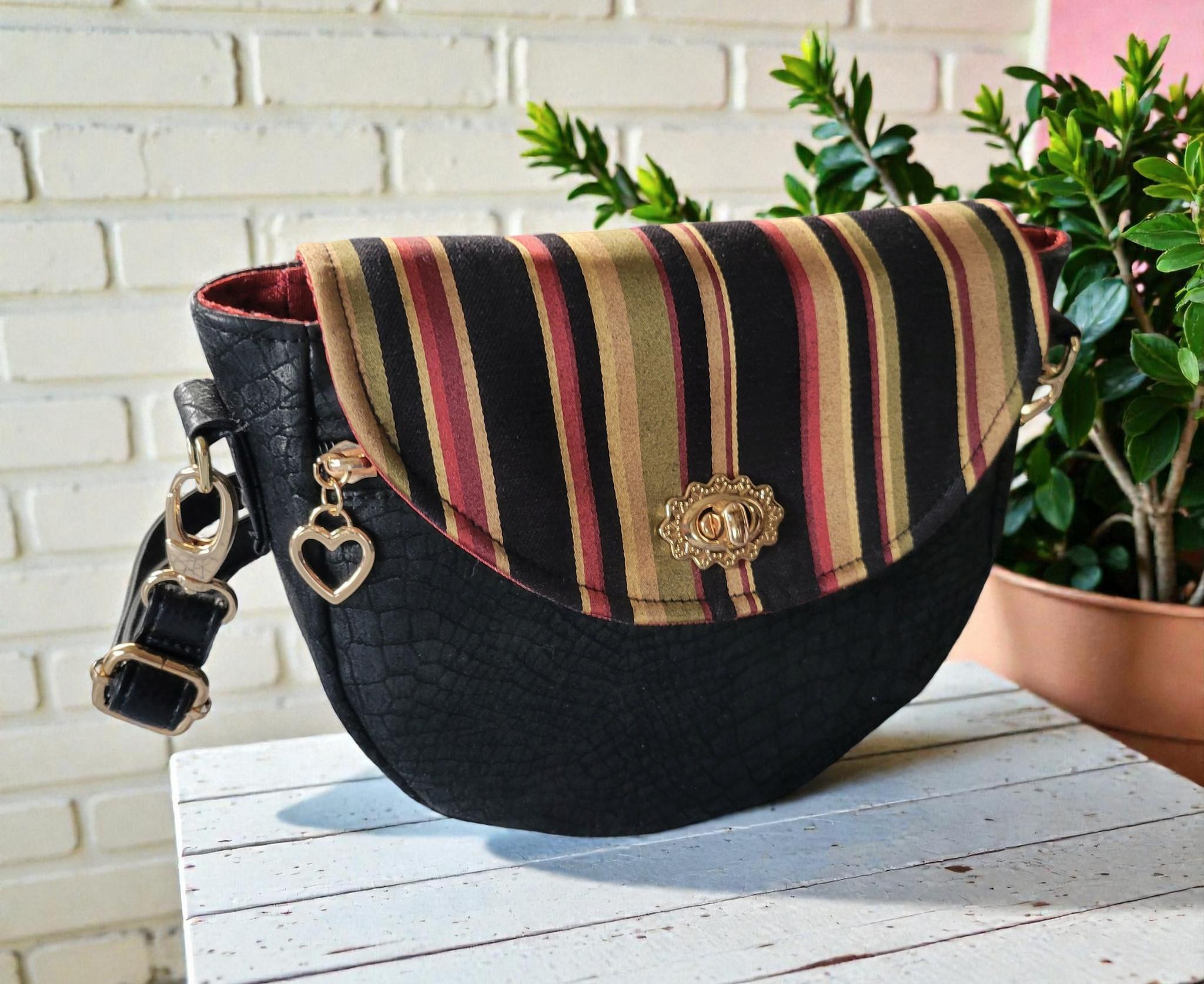 Vintage-Inspired Saddle Bag - Single Flap Handbag - Gold Striped Jacquard Purse, view 11