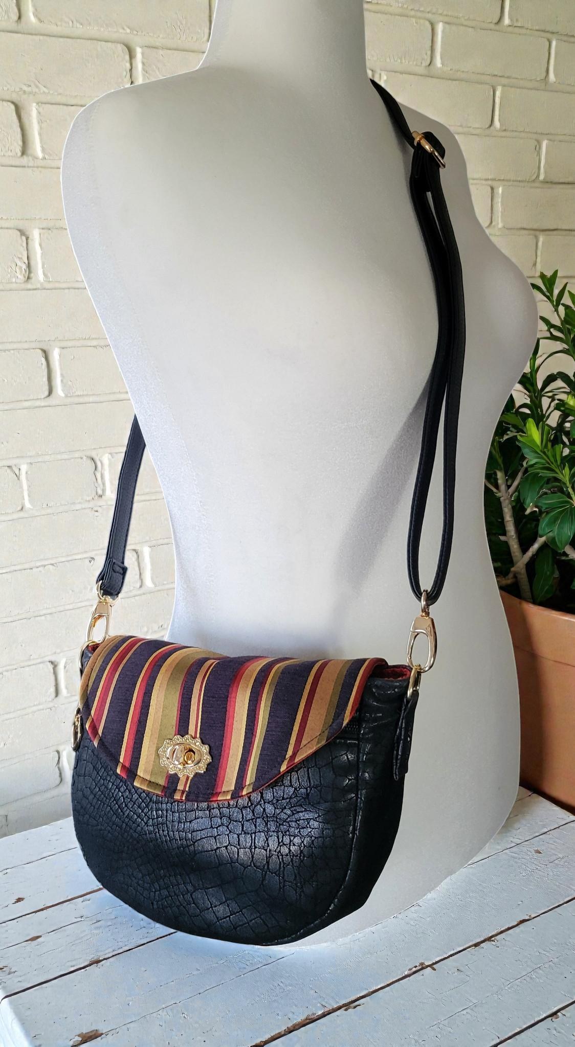 Vintage-Inspired Saddle Bag - Single Flap Handbag - Gold Striped Jacquard Purse, view 12