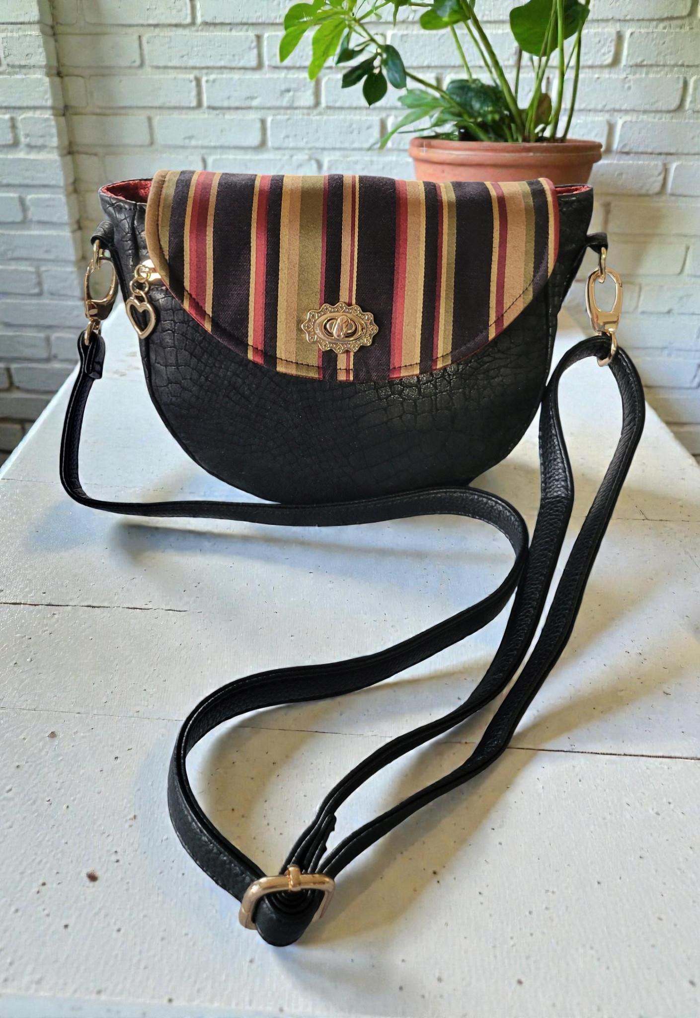 Vintage-Inspired Saddle Bag - Single Flap Handbag - Gold Striped Jacquard Purse, view 13