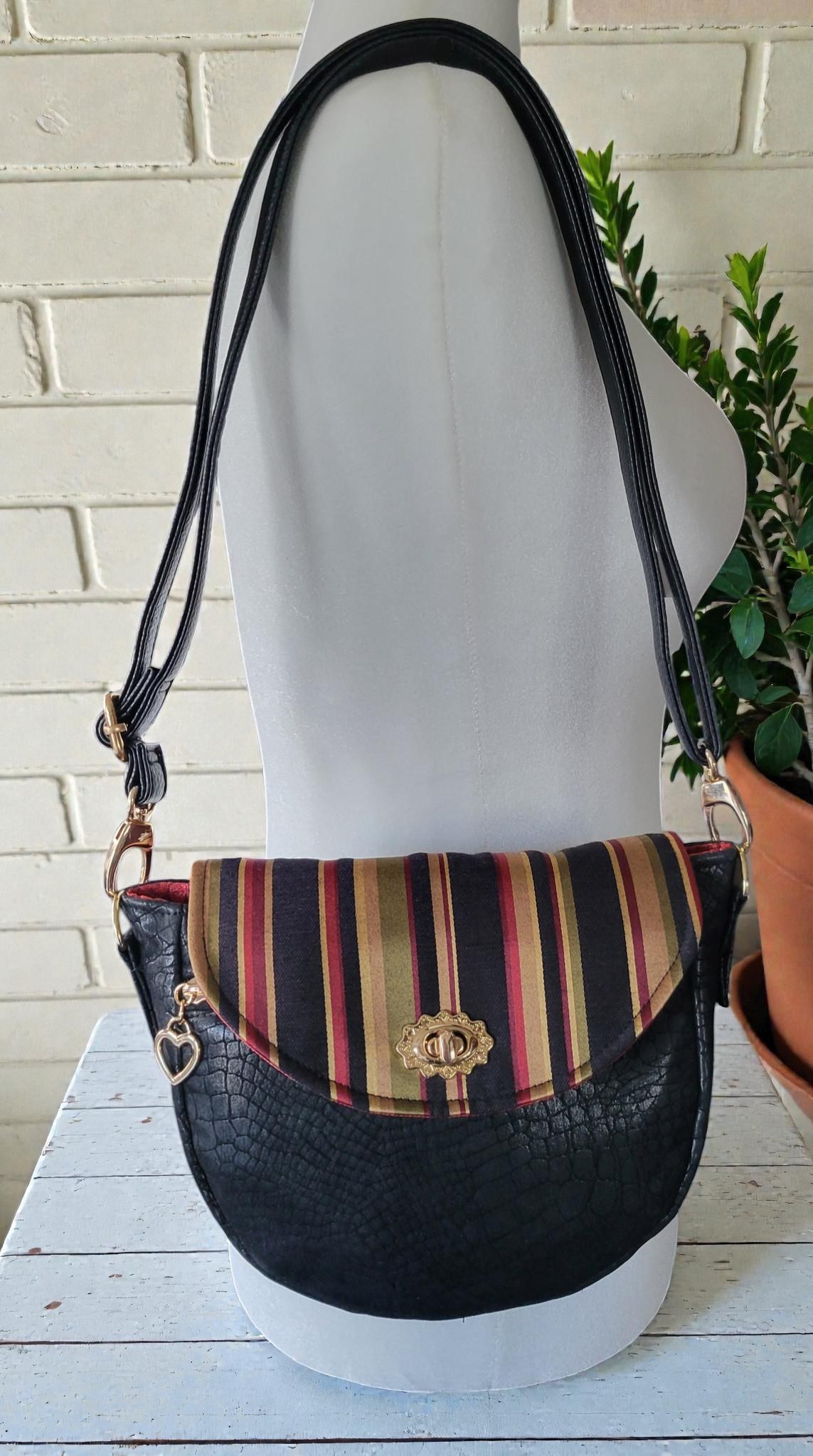 Vintage-Inspired Saddle Bag - Single Flap Handbag - Gold Striped Jacquard Purse, view 2