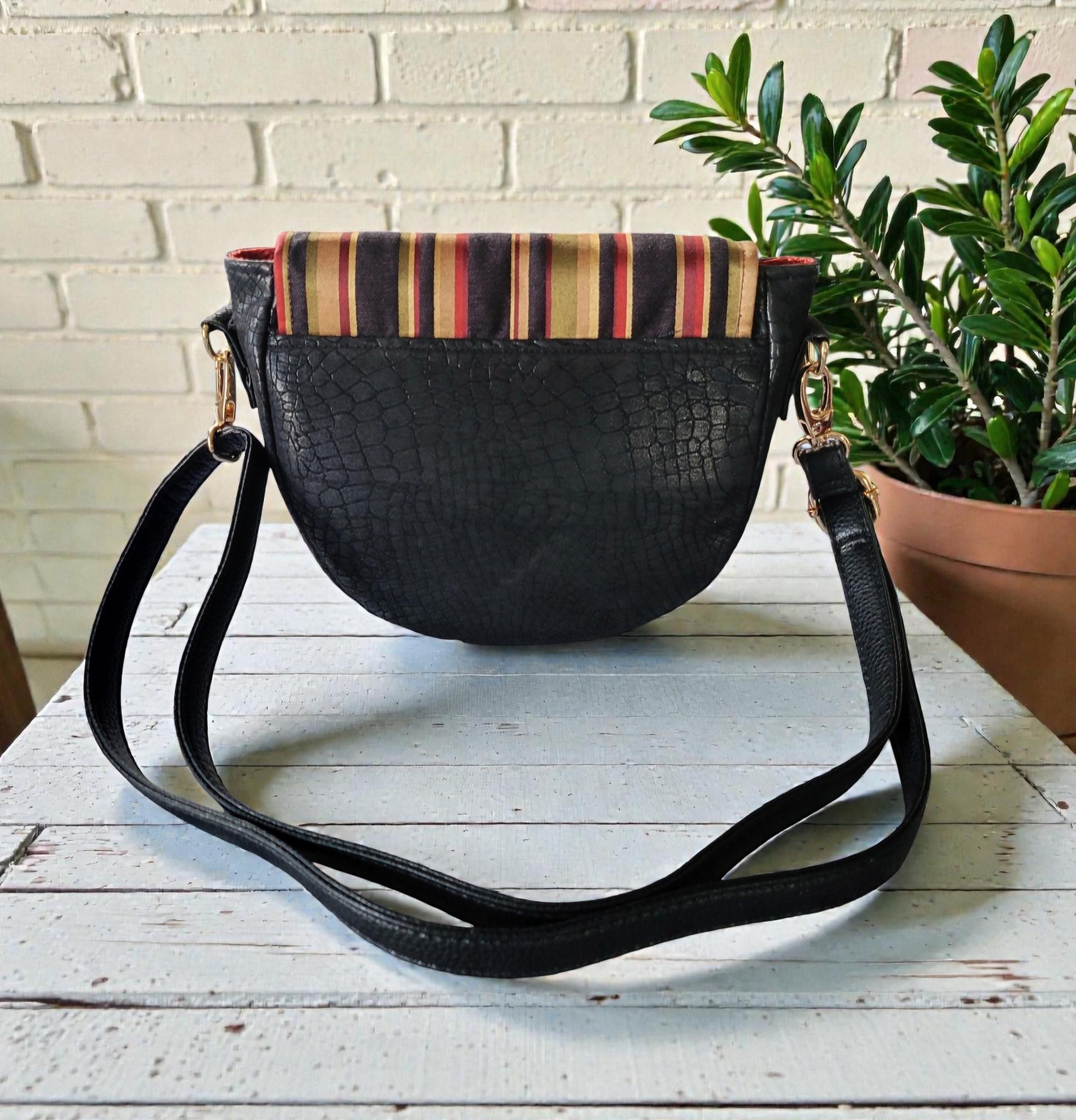 Vintage-Inspired Saddle Bag - Single Flap Handbag - Gold Striped Jacquard Purse, view 3