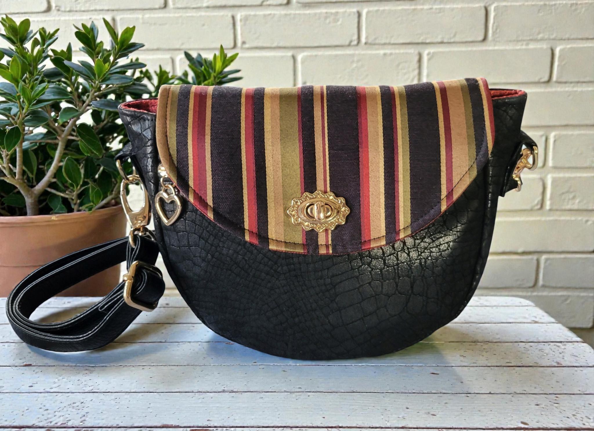 Vintage-Inspired Saddle Bag - Single Flap Handbag - Gold Striped Jacquard Purse, view 4