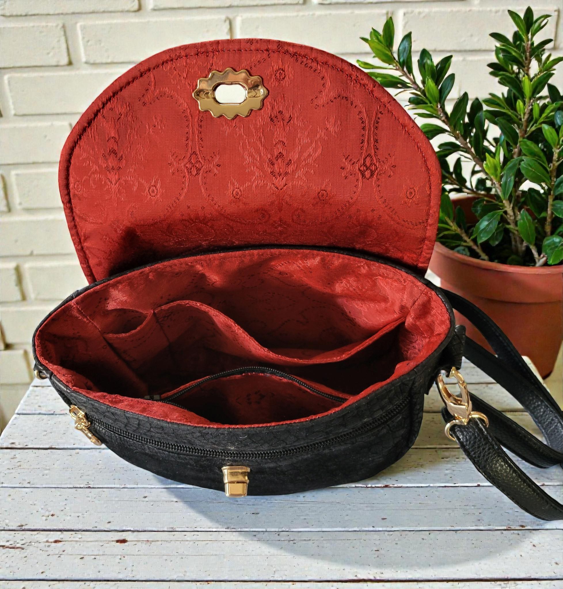 Vintage-Inspired Saddle Bag - Single Flap Handbag - Gold Striped Jacquard Purse, view 7