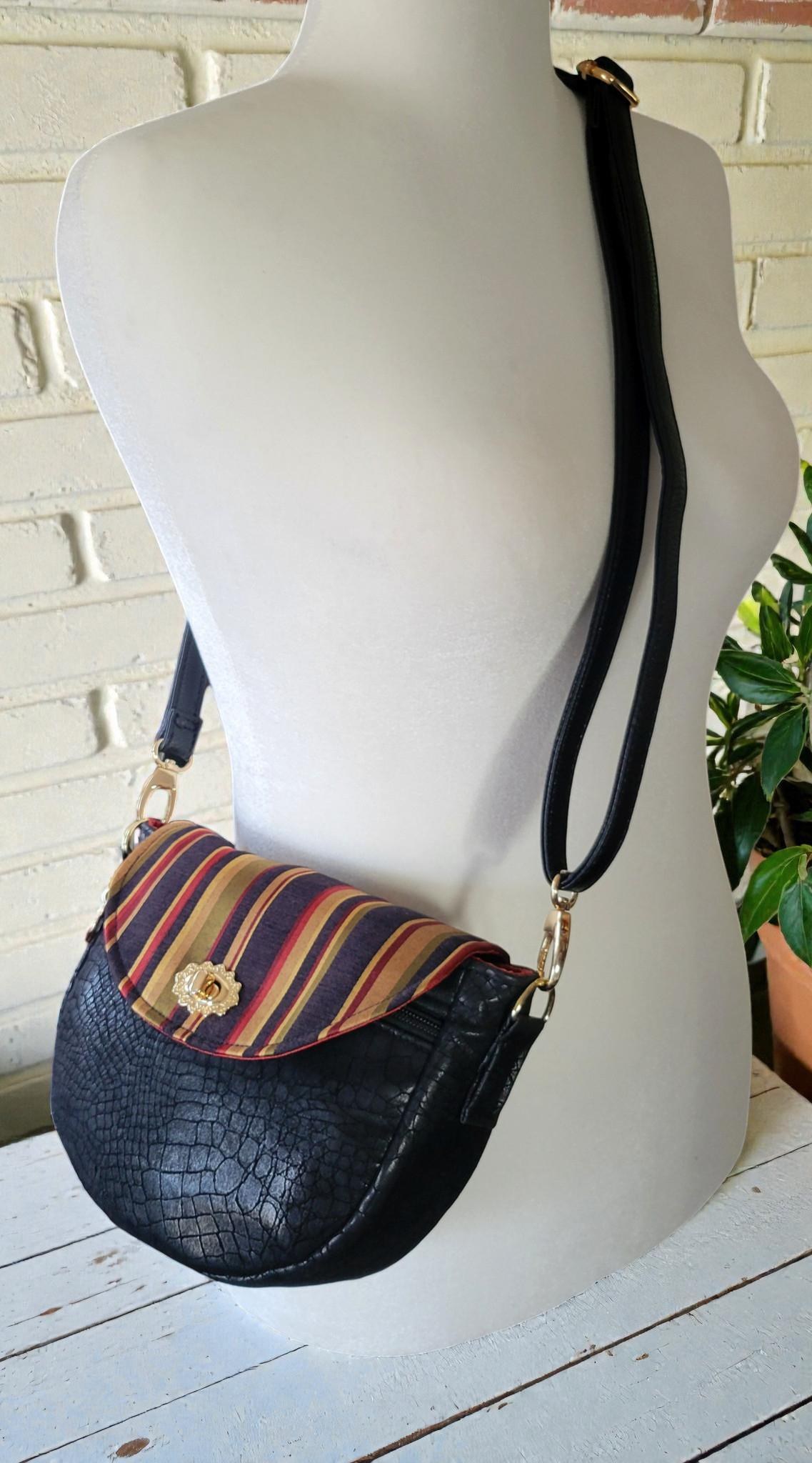 Vintage-Inspired Saddle Bag - Single Flap Handbag - Gold Striped Jacquard Purse, view 9