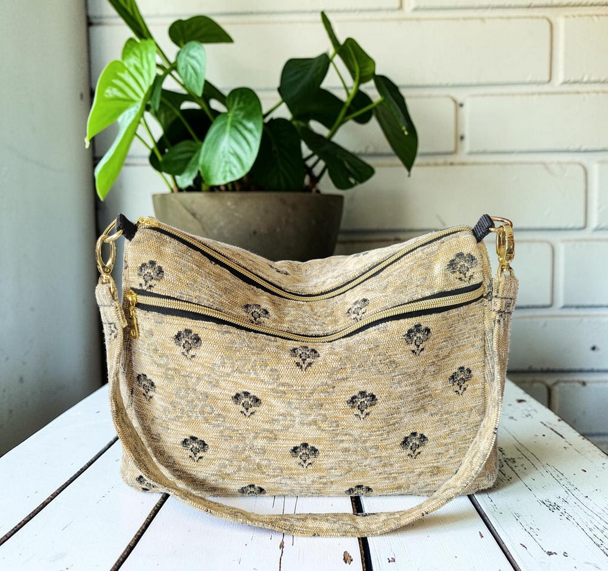 Cream and Black Carpet Shoulder Bag, Vintage Inspired, Slouchy Handbag