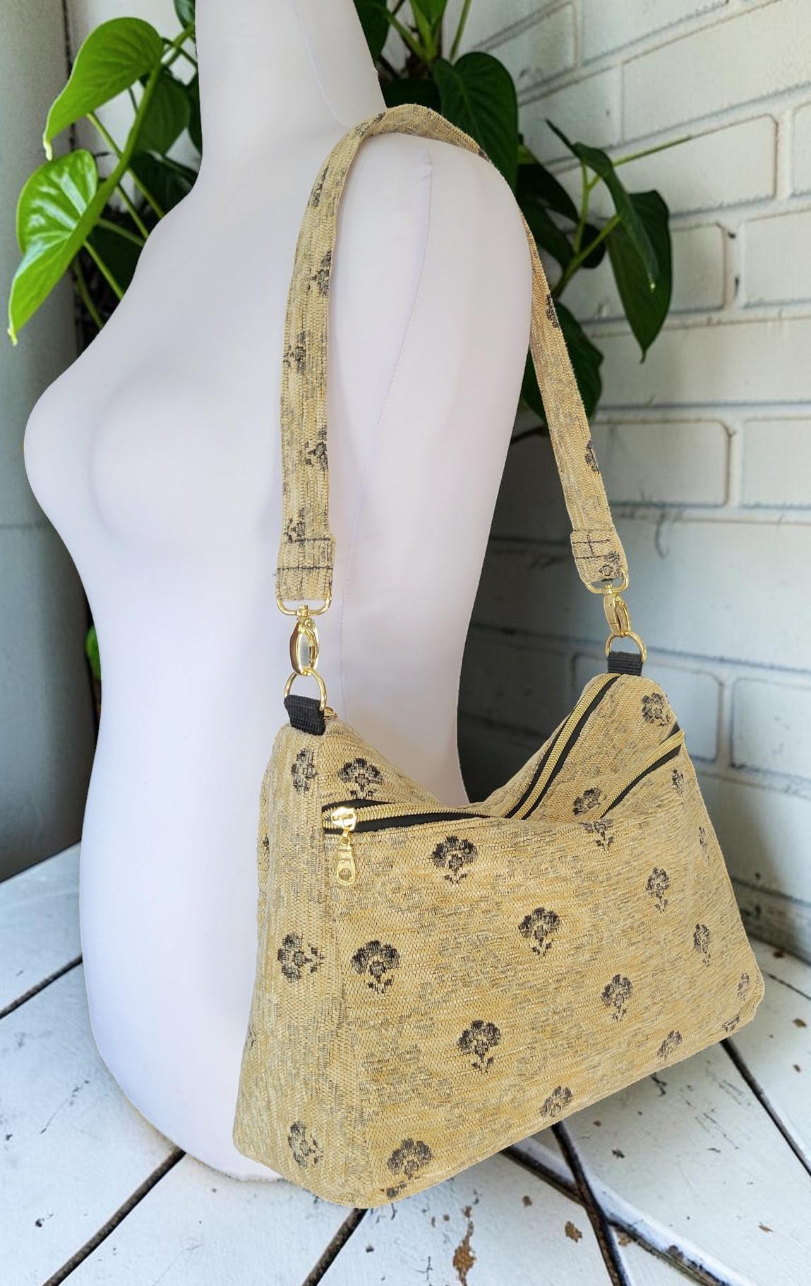 Cream and Black Carpet Shoulder Bag, Vintage Inspired, Slouchy Handbag, view 10