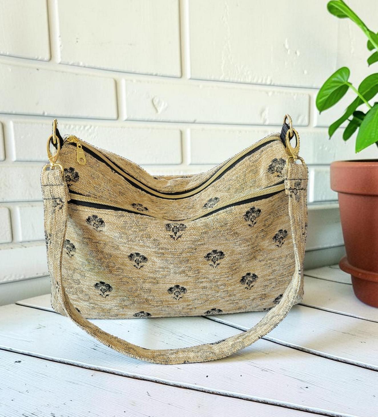 Cream and Black Carpet Shoulder Bag, Vintage Inspired, Slouchy Handbag, view 11