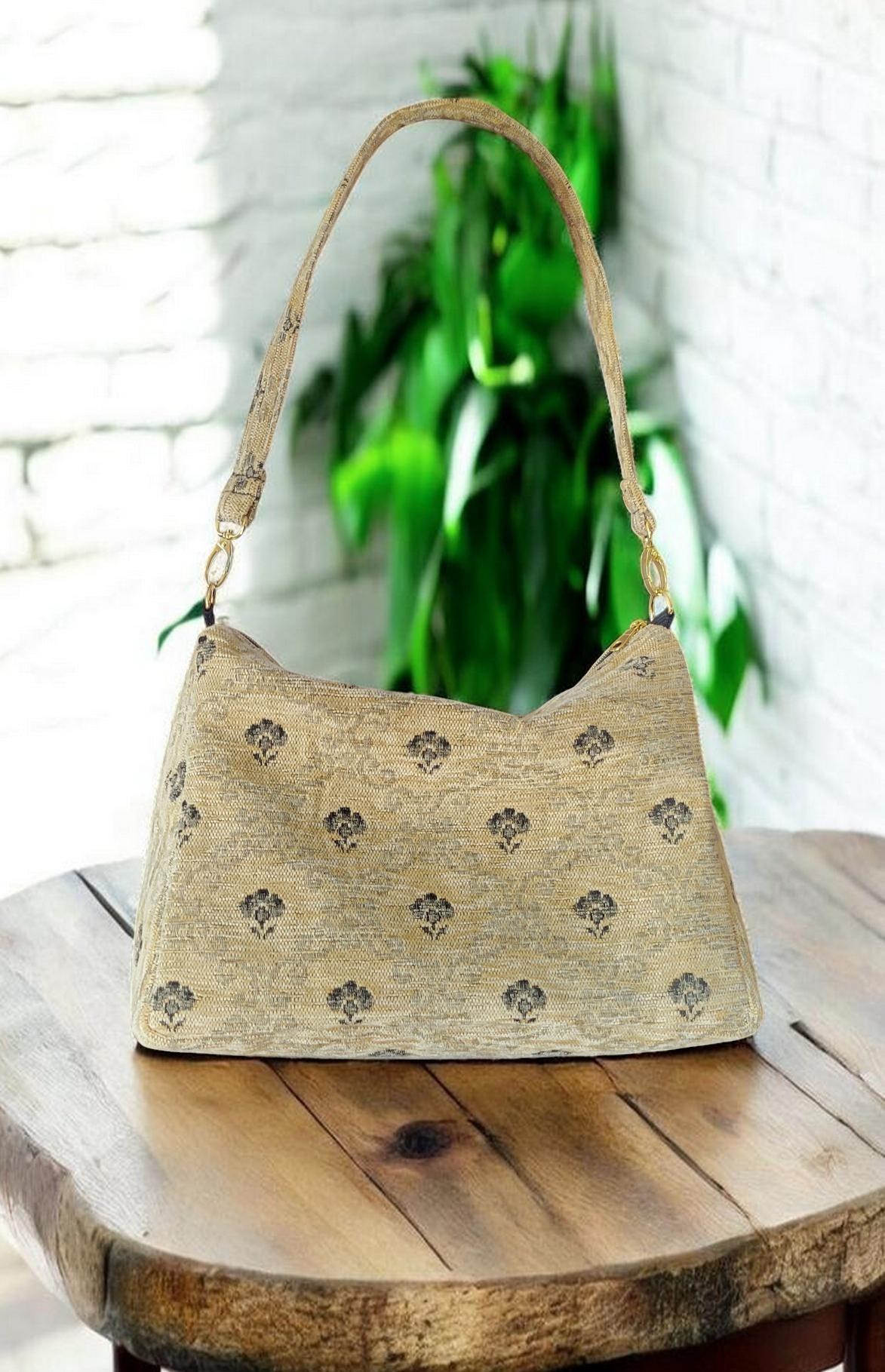 Cream and Black Carpet Shoulder Bag, Vintage Inspired, Slouchy Handbag, view 12
