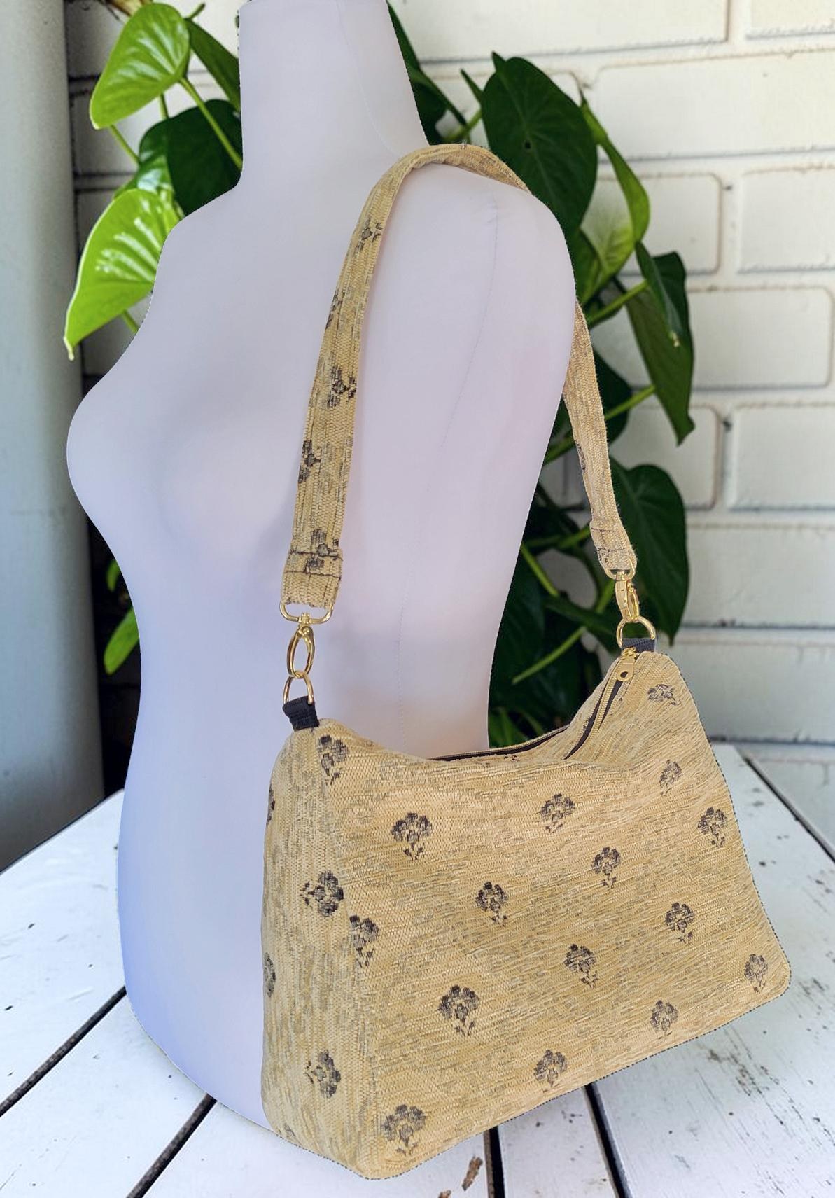 Cream and Black Carpet Shoulder Bag, Vintage Inspired, Slouchy Handbag, view 13