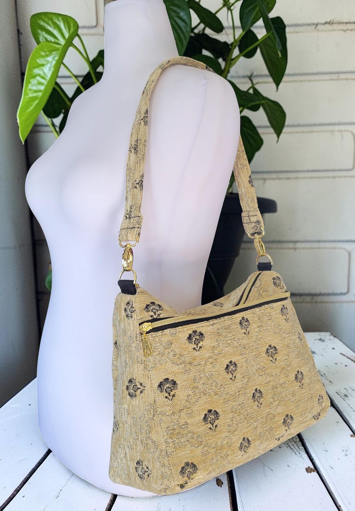 Cream and Black Carpet Shoulder Bag, Vintage Inspired, Slouchy Handbag, view 14