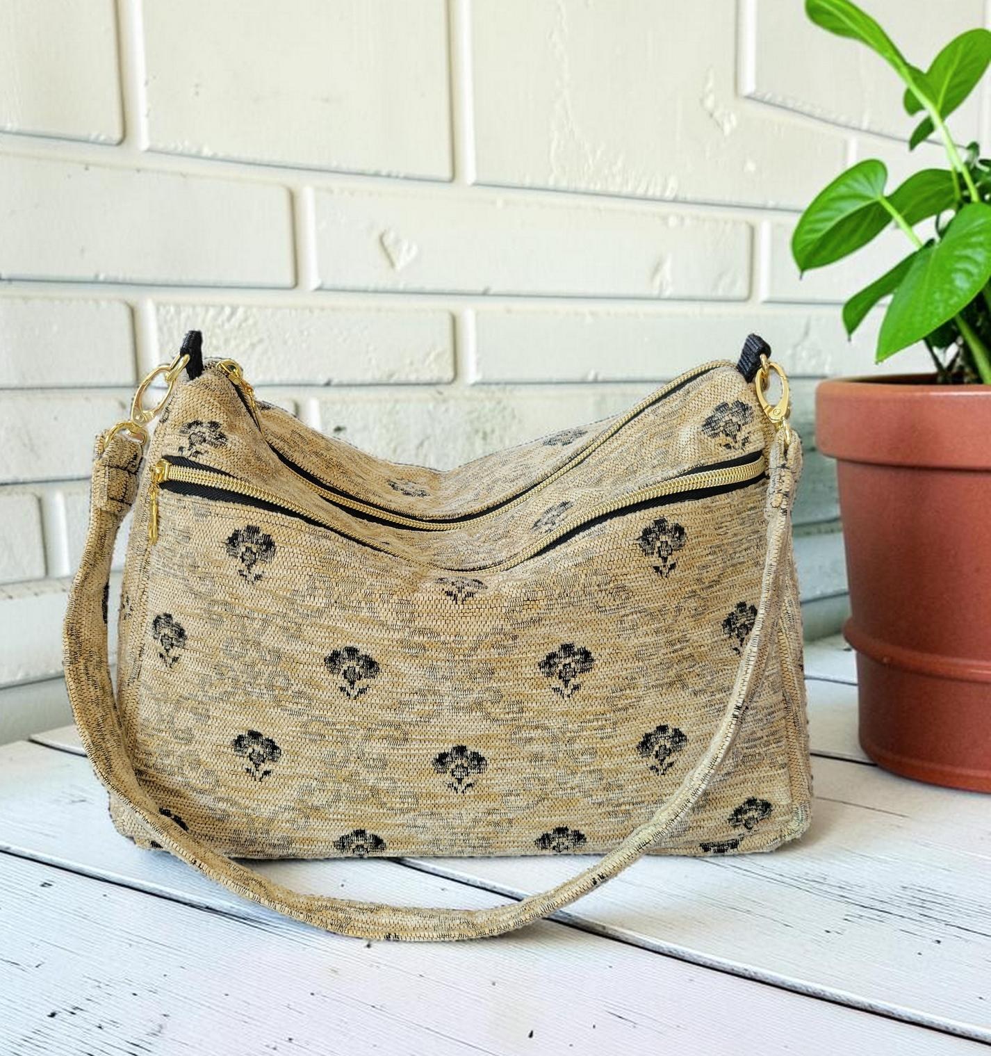 Cream and Black Carpet Shoulder Bag, Vintage Inspired, Slouchy Handbag, view 15