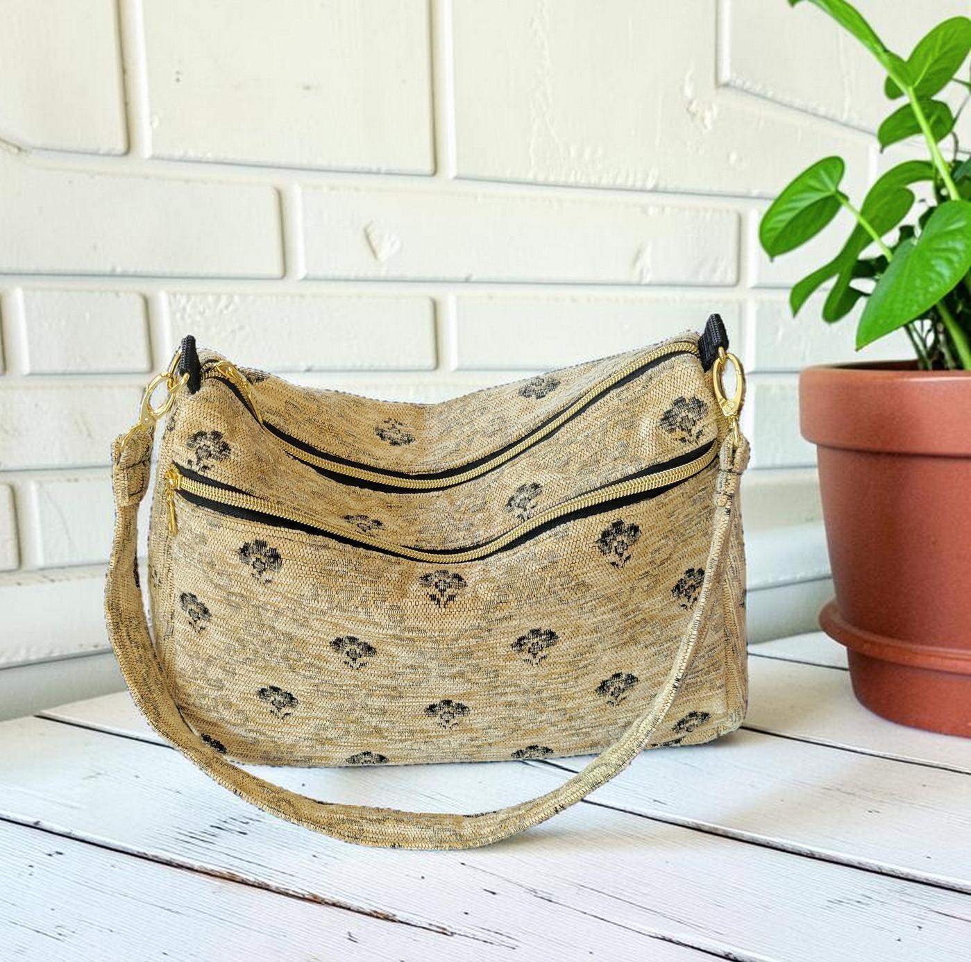 Cream and Black Carpet Shoulder Bag, Vintage Inspired, Slouchy Handbag, view 16