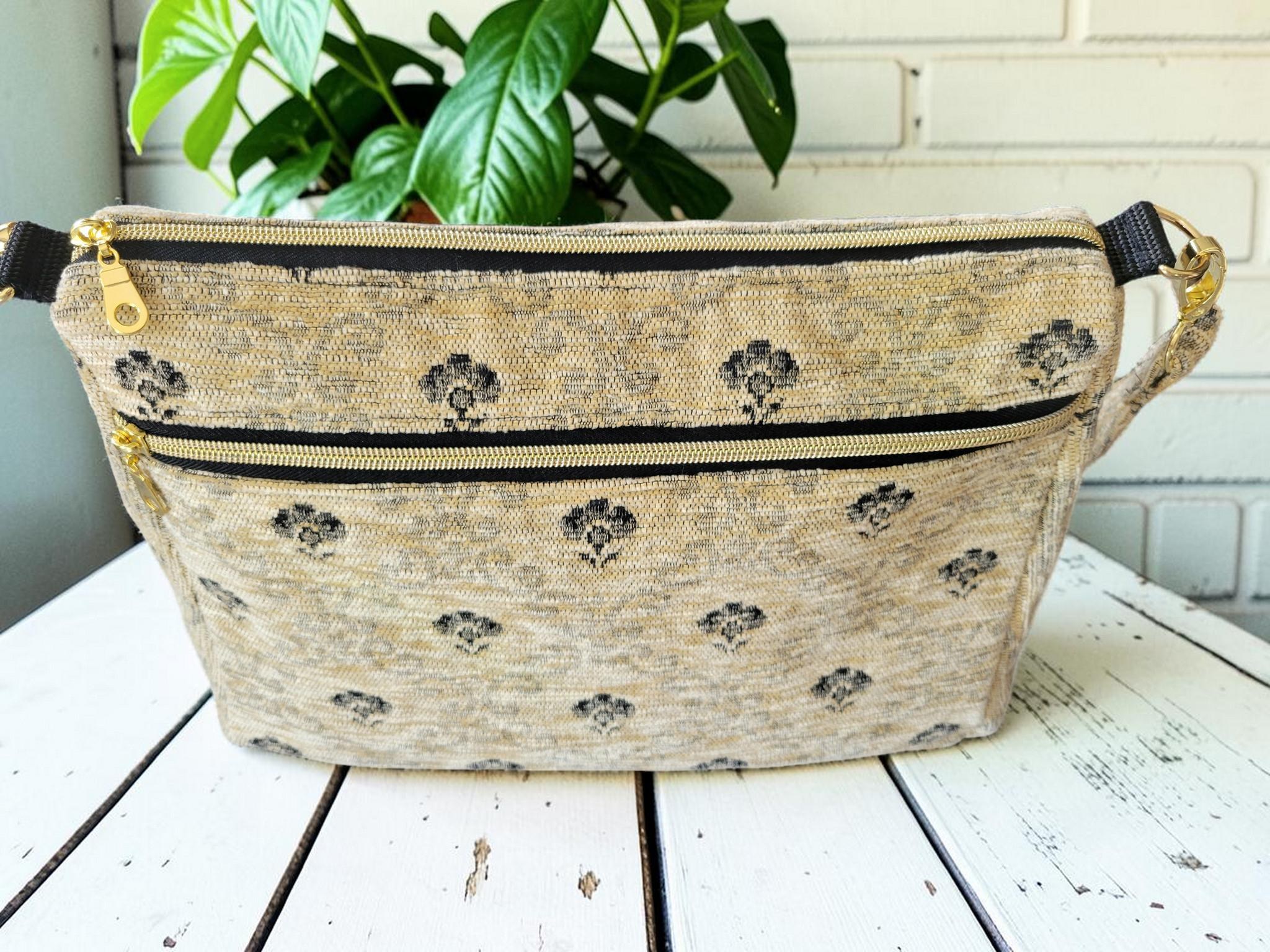 Cream and Black Carpet Shoulder Bag, Vintage Inspired, Slouchy Handbag, view 17