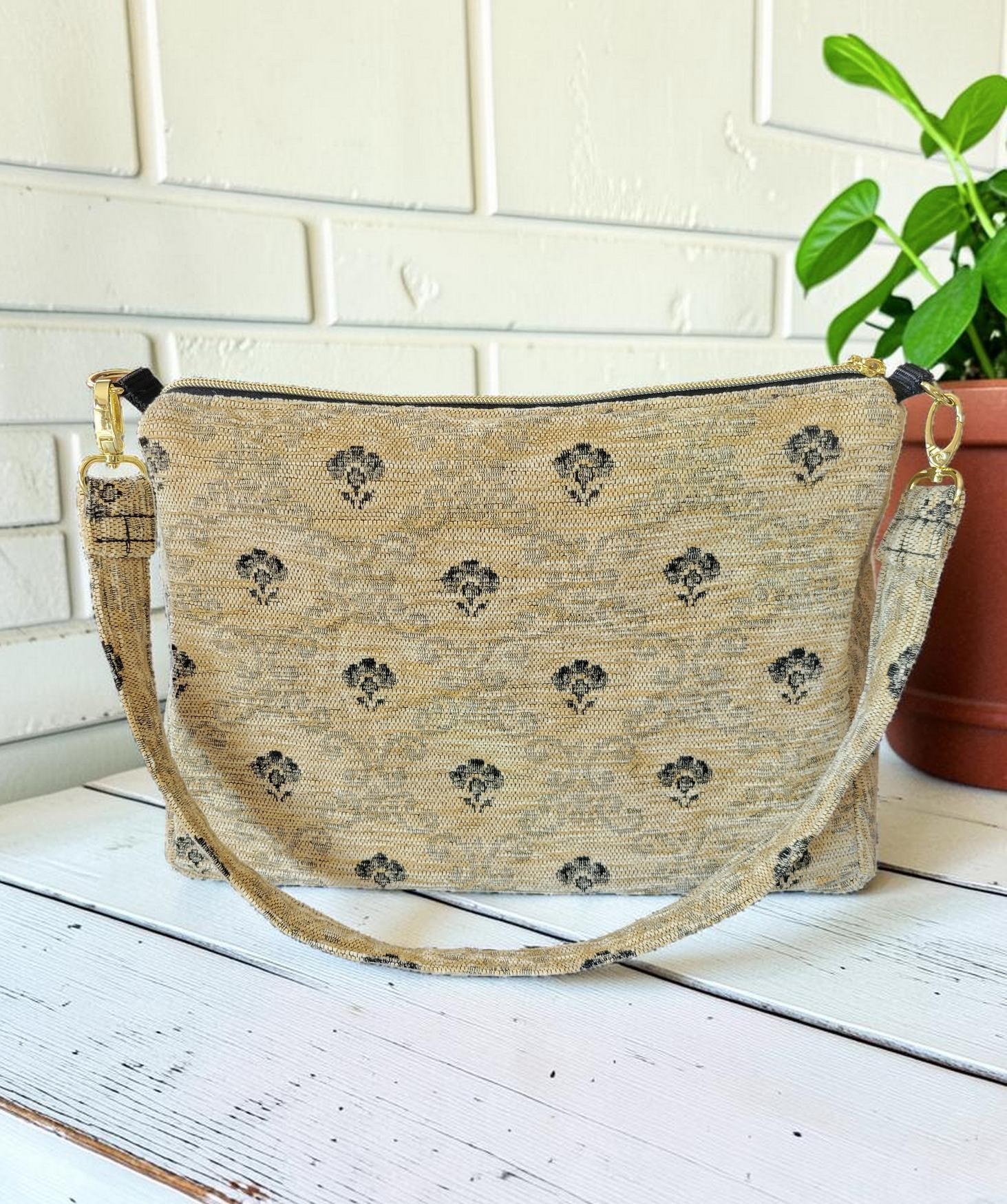 Cream and Black Carpet Shoulder Bag, Vintage Inspired, Slouchy Handbag, view 2