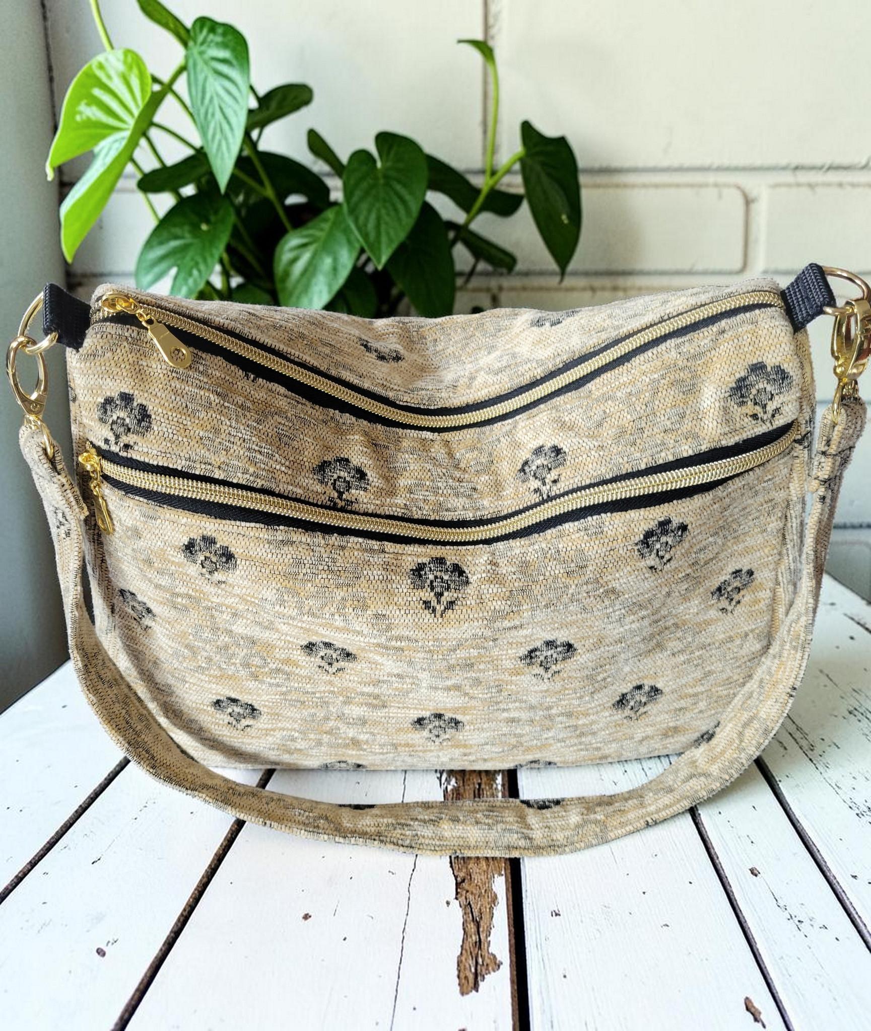 Cream and Black Carpet Shoulder Bag, Vintage Inspired, Slouchy Handbag, view 3