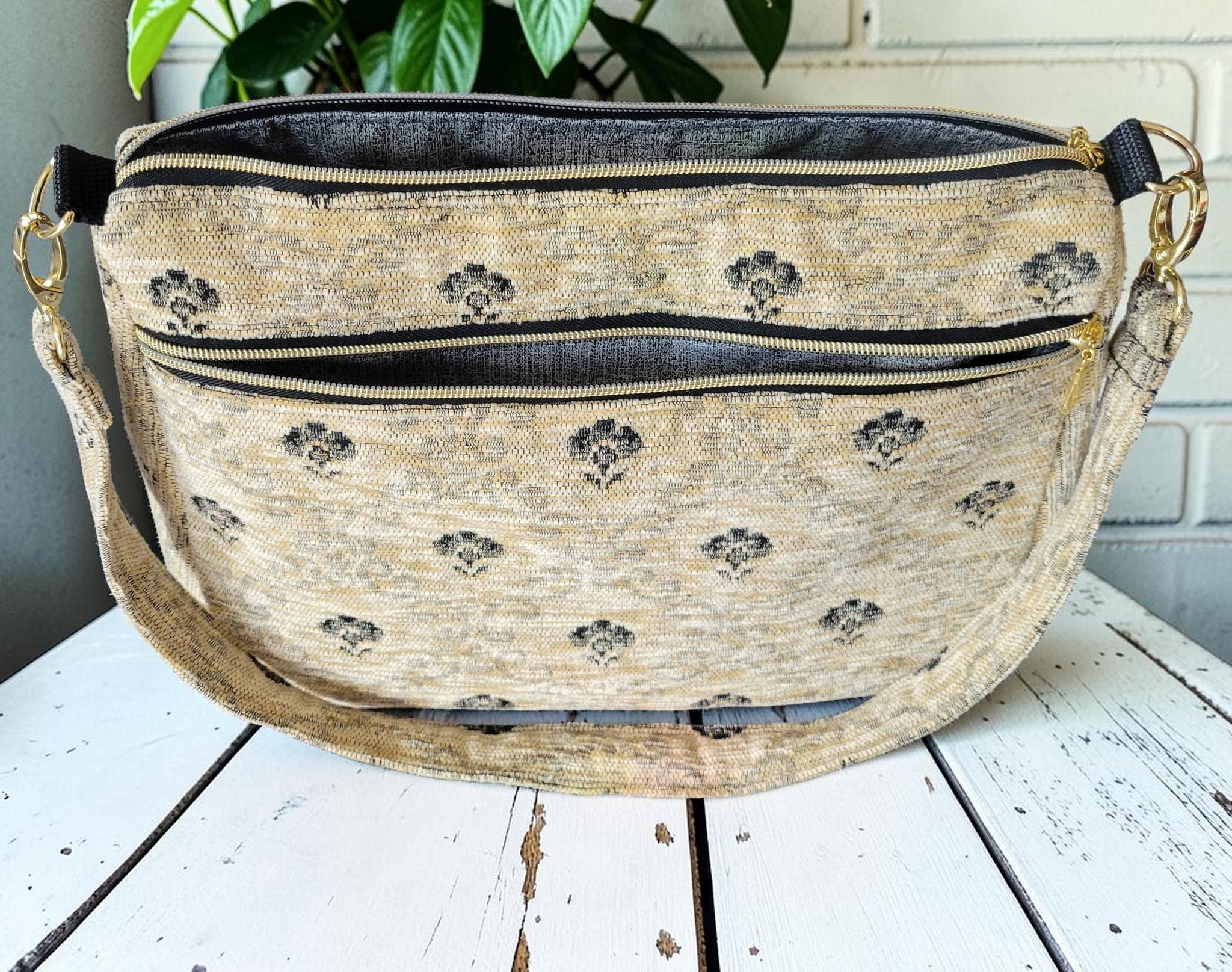Cream and Black Carpet Shoulder Bag, Vintage Inspired, Slouchy Handbag, view 4