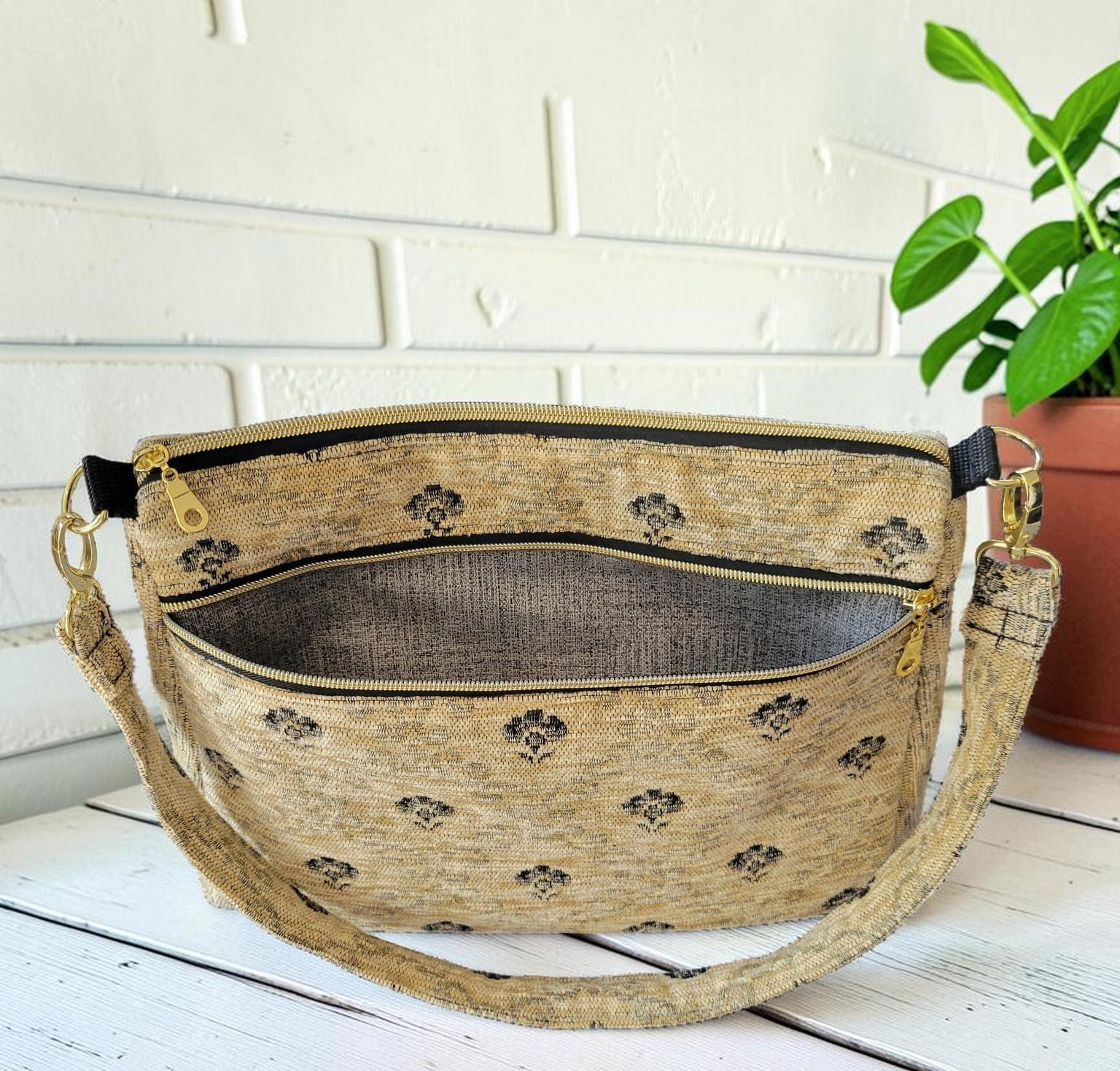 Cream and Black Carpet Shoulder Bag, Vintage Inspired, Slouchy Handbag, view 7
