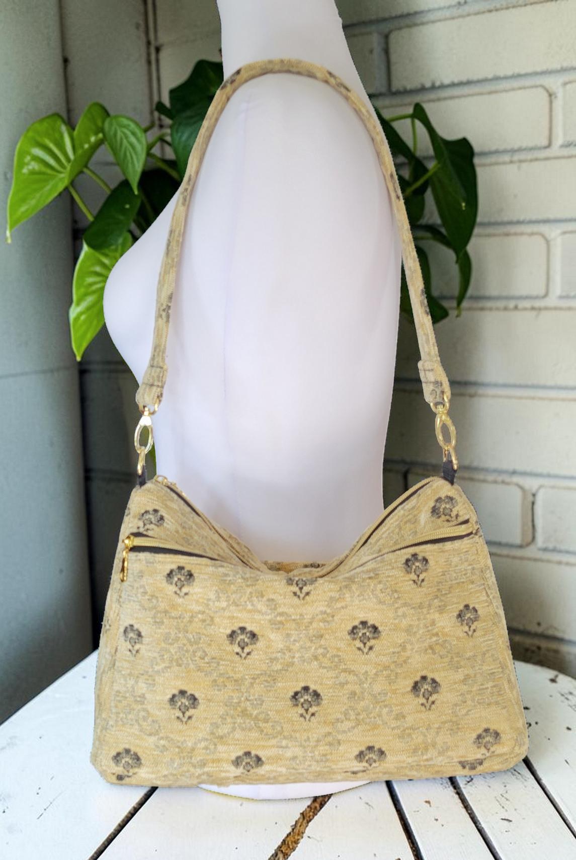 Cream and Black Carpet Shoulder Bag, Vintage Inspired, Slouchy Handbag, view 9