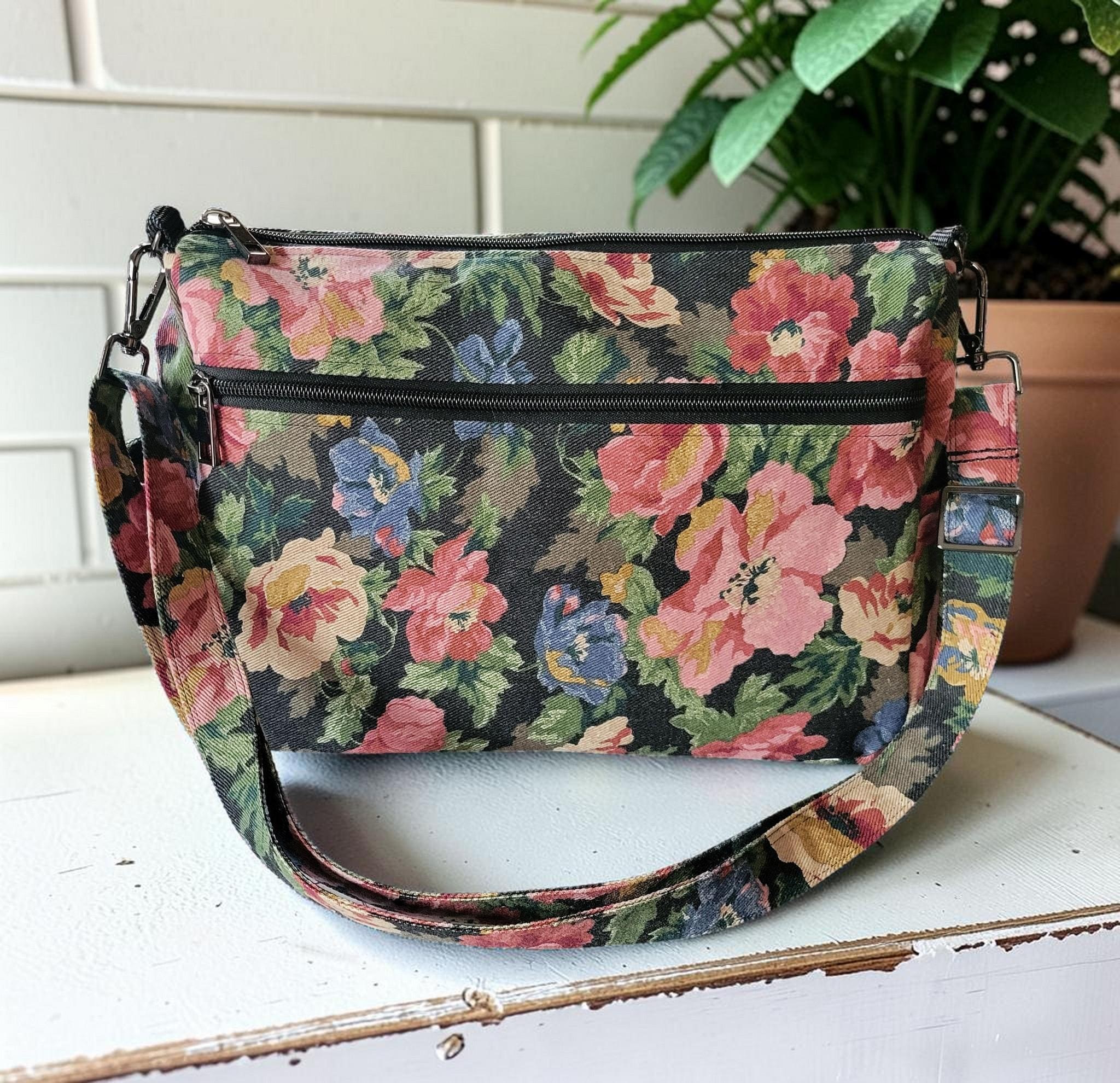 Floral Denim Crossbody Bag, Boho Shoulder Purse, Slouchy, Vintage Inspired