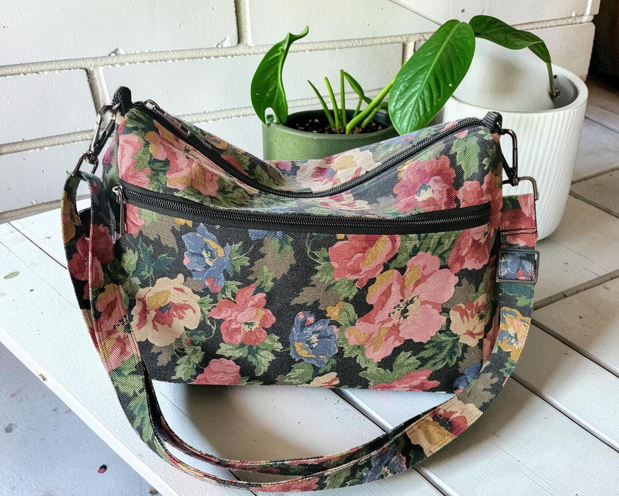 Floral Denim Crossbody Bag, Boho Shoulder Purse, Slouchy, Vintage Inspired, view 3
