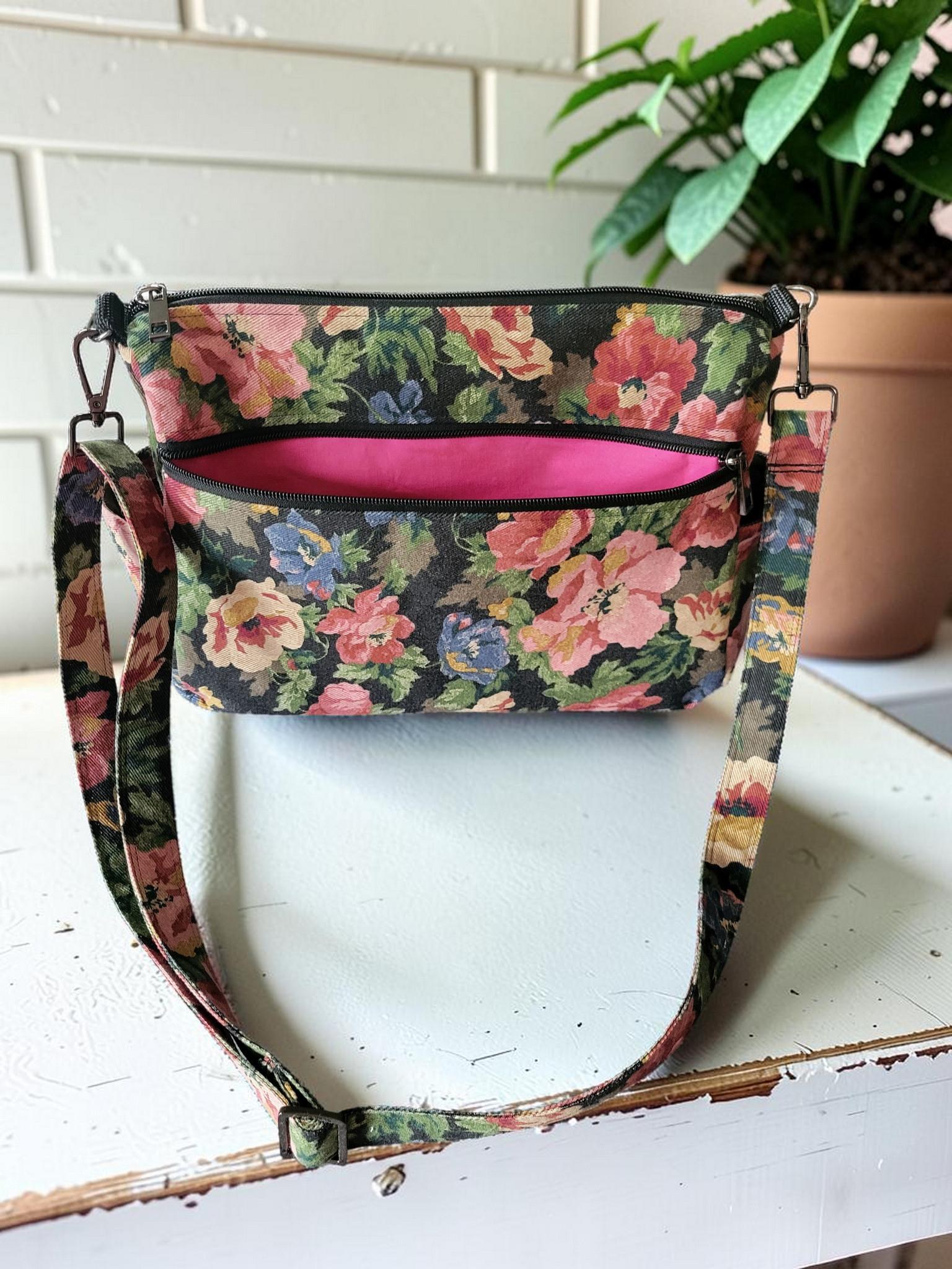 Floral Denim Crossbody Bag, Boho Shoulder Purse, Slouchy, Vintage Inspired, view 7