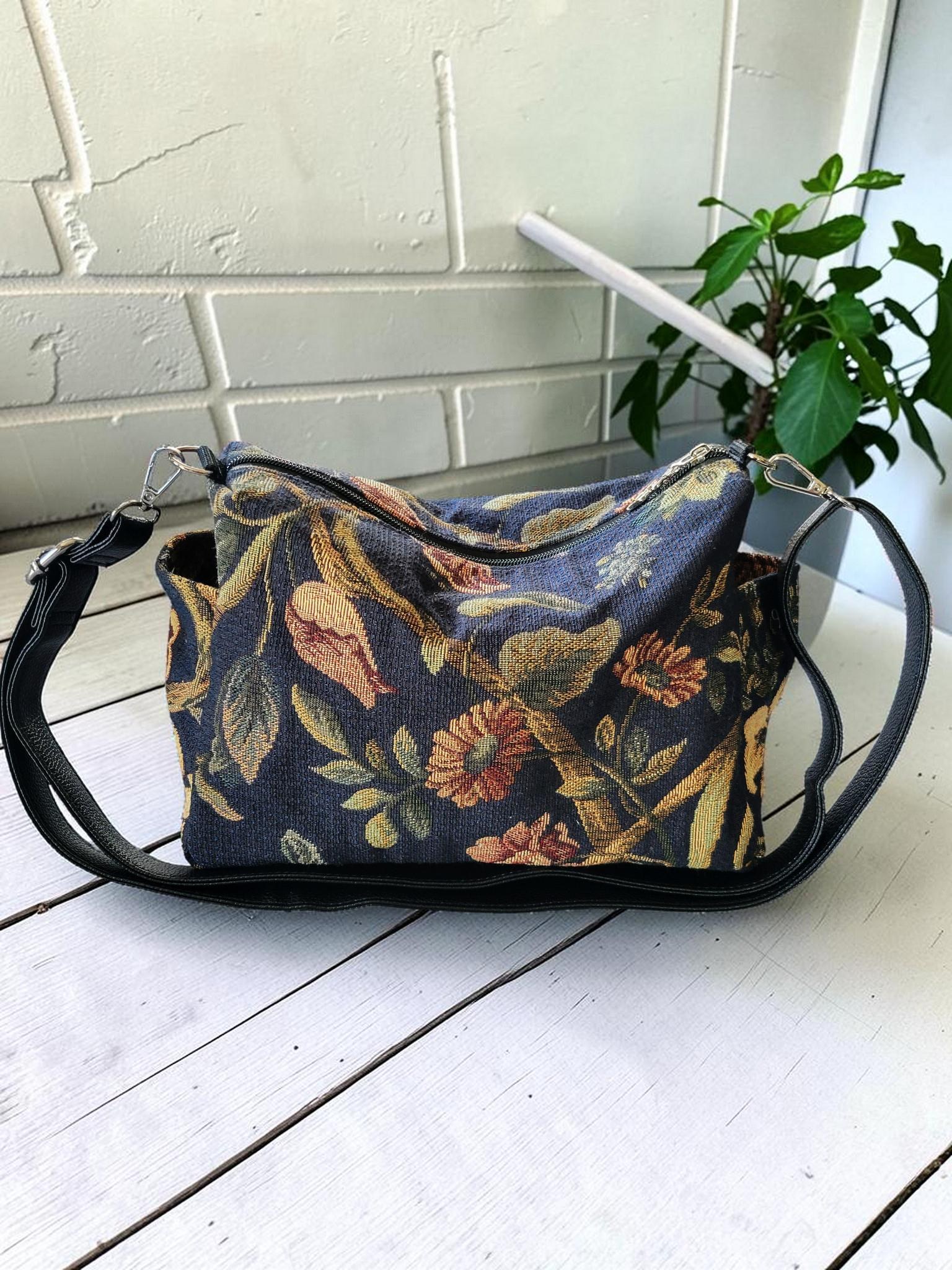 Floral Tapestry Jacquard Crossbody Handbag, Slouchy, Vintage Inspired