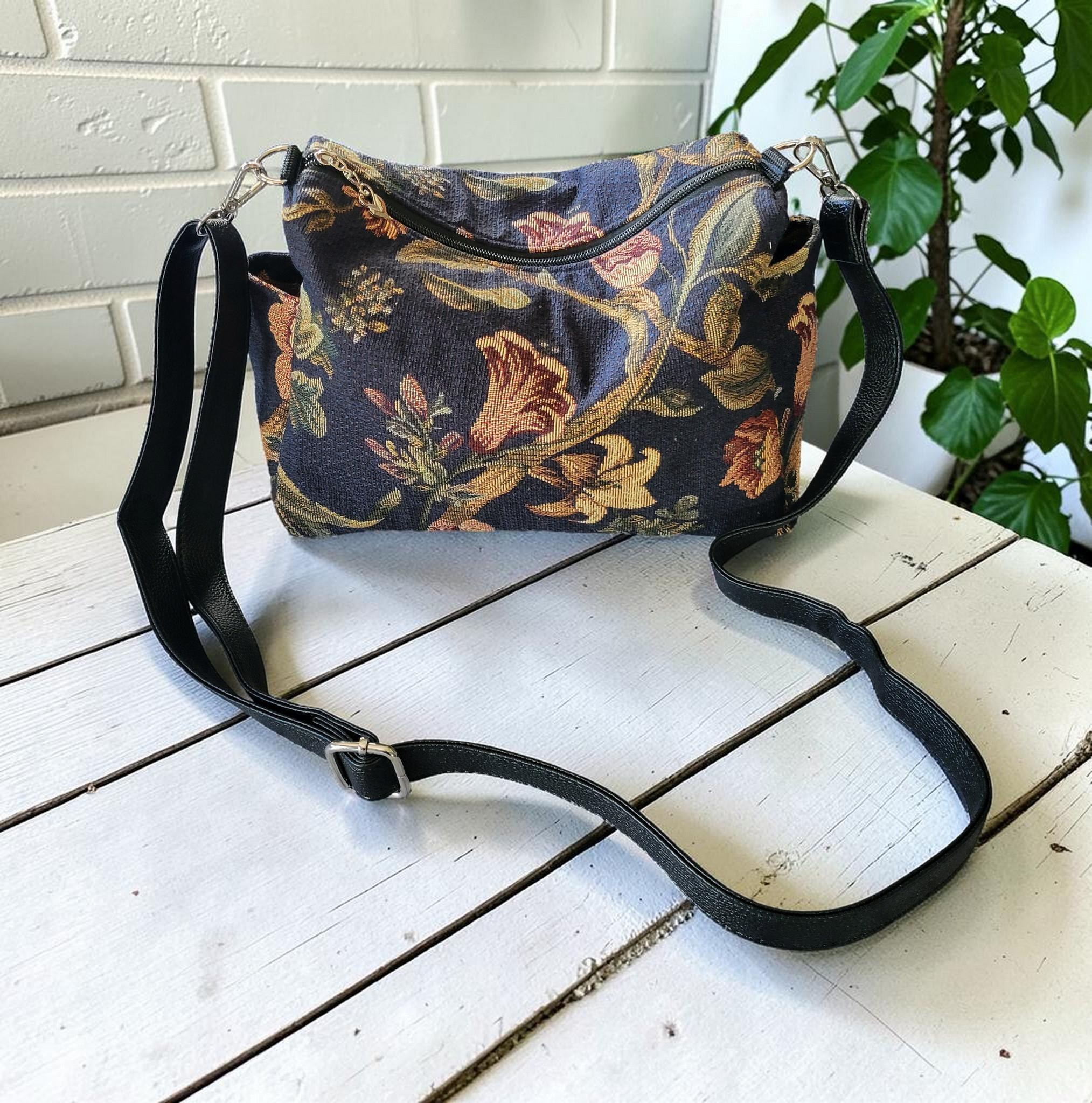 Floral Tapestry Jacquard Crossbody Handbag, Slouchy, Vintage Inspired, view 10