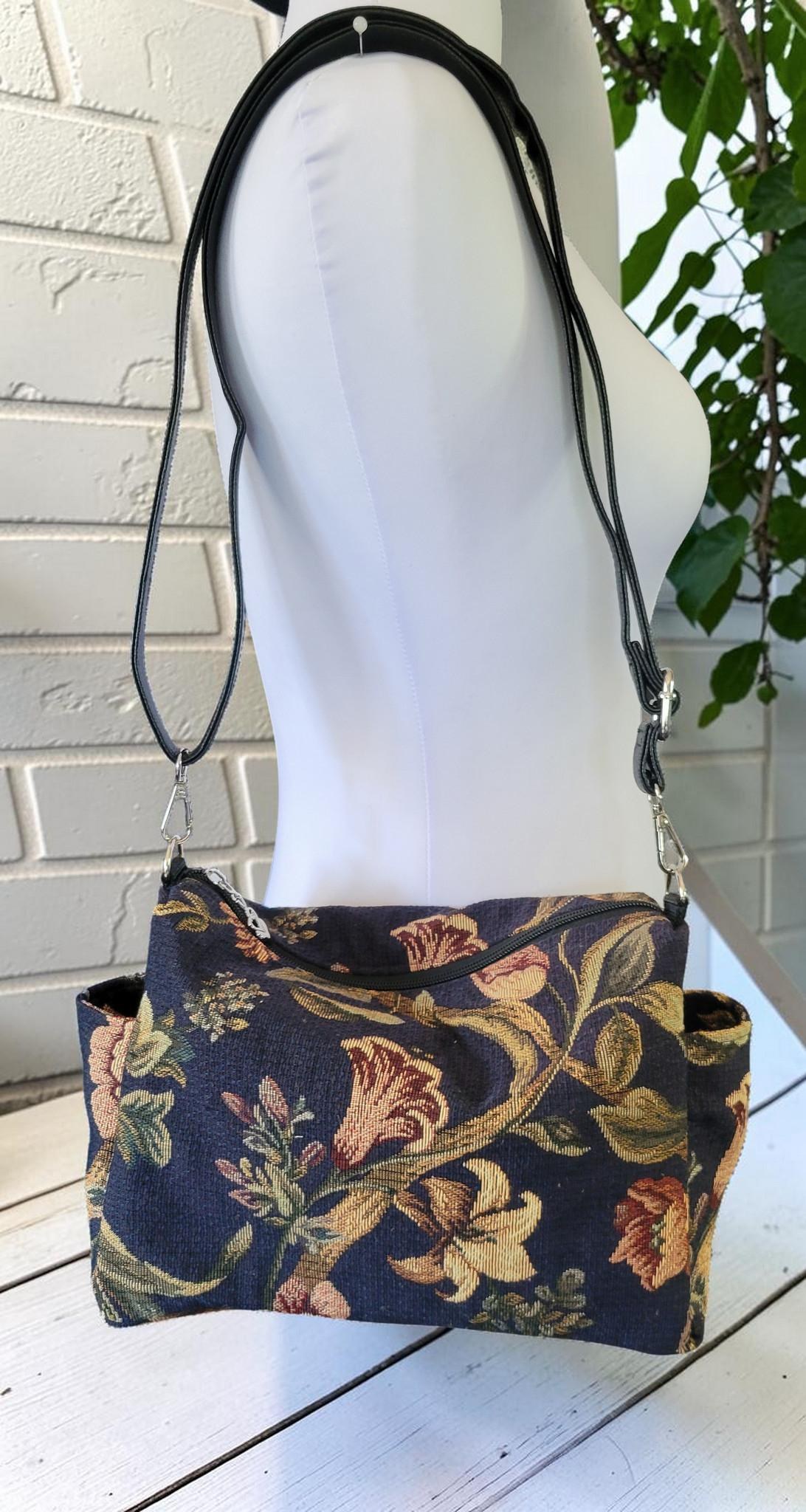 Floral Tapestry Jacquard Crossbody Handbag, Slouchy, Vintage Inspired, view 11