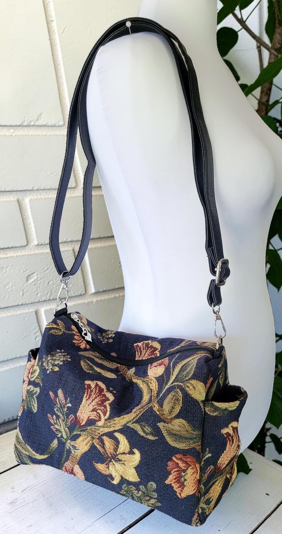 Floral Tapestry Jacquard Crossbody Handbag, Slouchy, Vintage Inspired, view 12