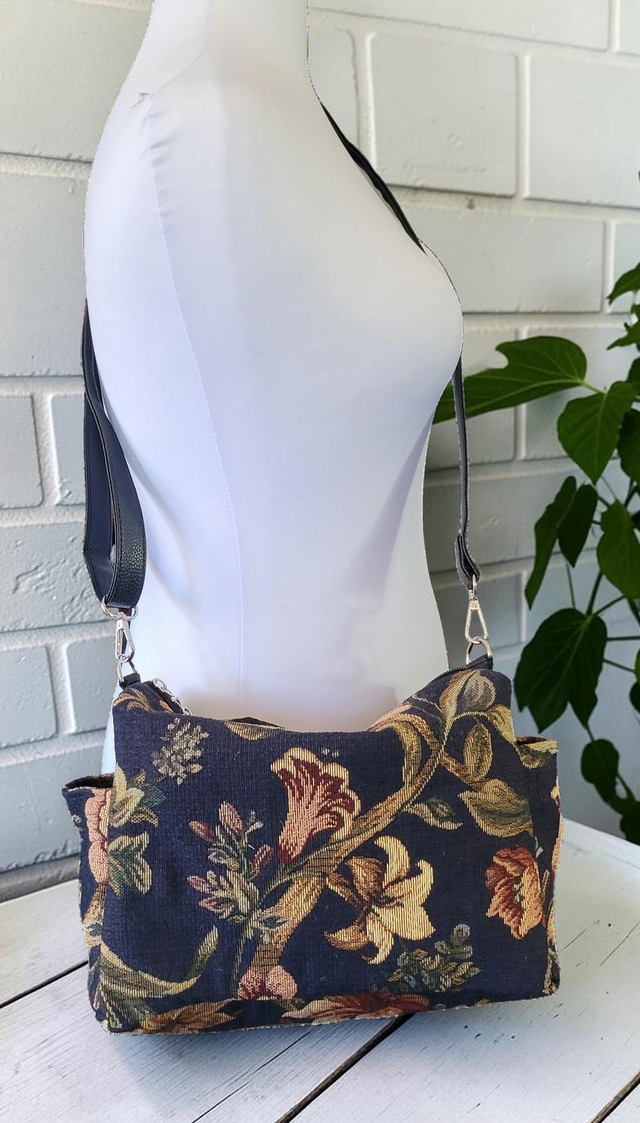 Floral Tapestry Jacquard Crossbody Handbag, Slouchy, Vintage Inspired, view 13