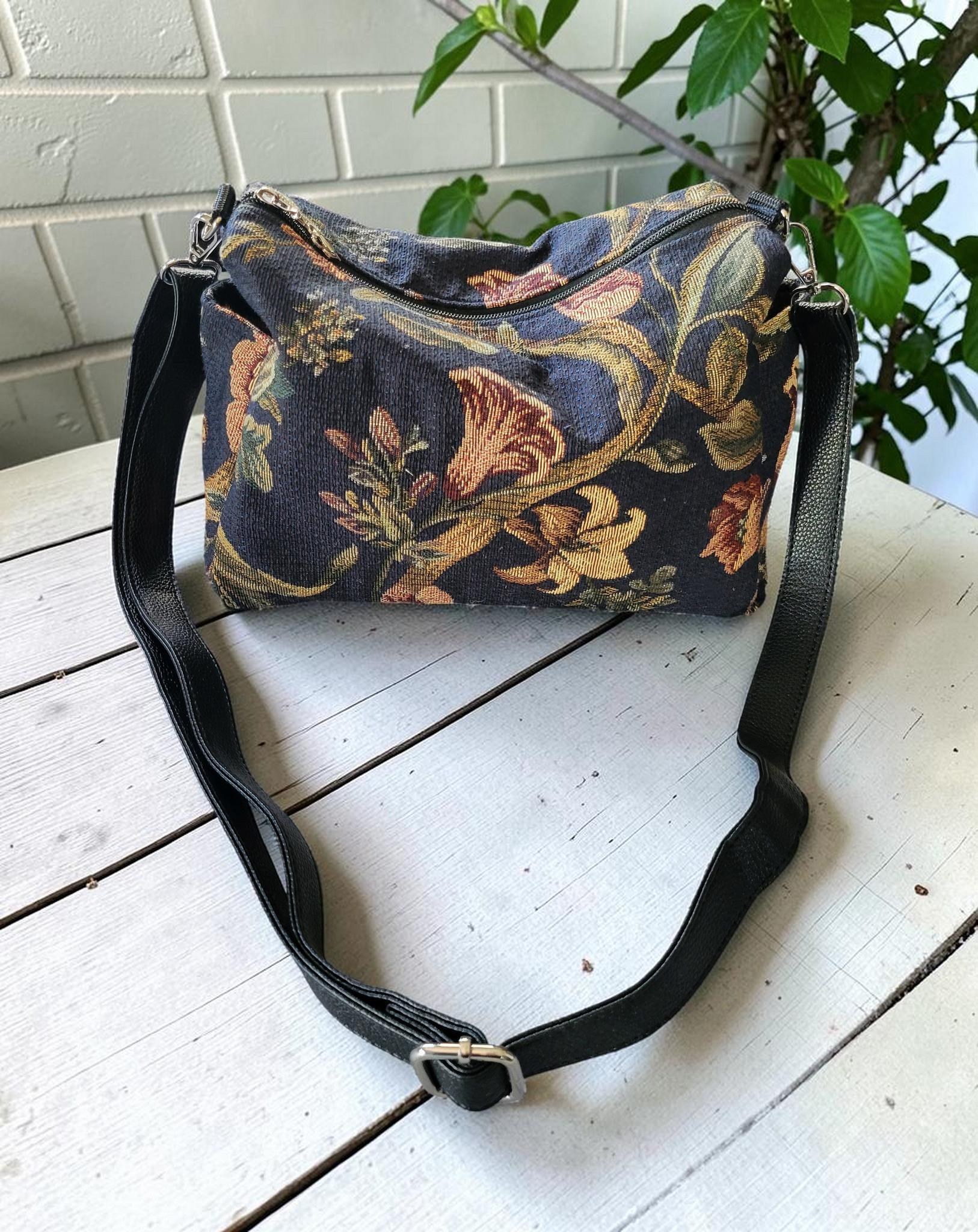 Floral Tapestry Jacquard Crossbody Handbag, Slouchy, Vintage Inspired, view 14