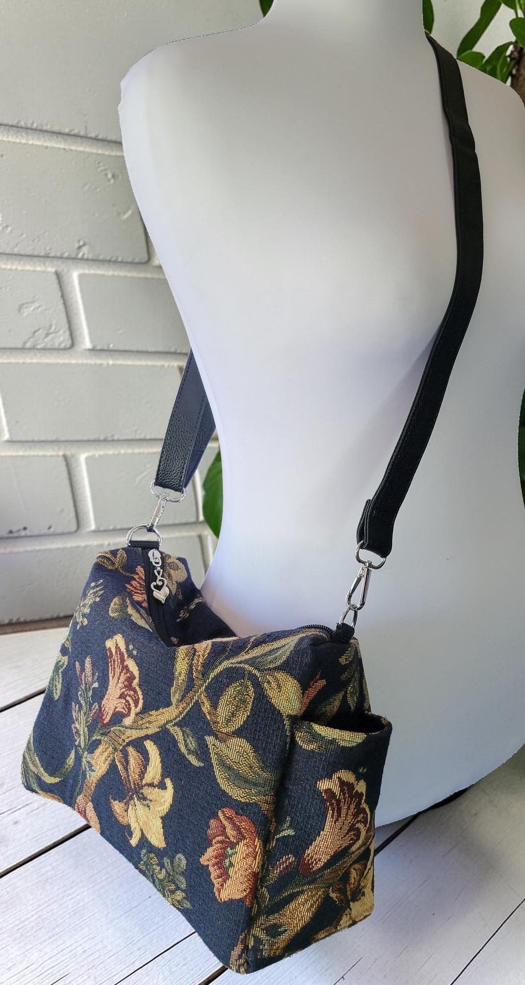 Floral Tapestry Jacquard Crossbody Handbag, Slouchy, Vintage Inspired, view 15
