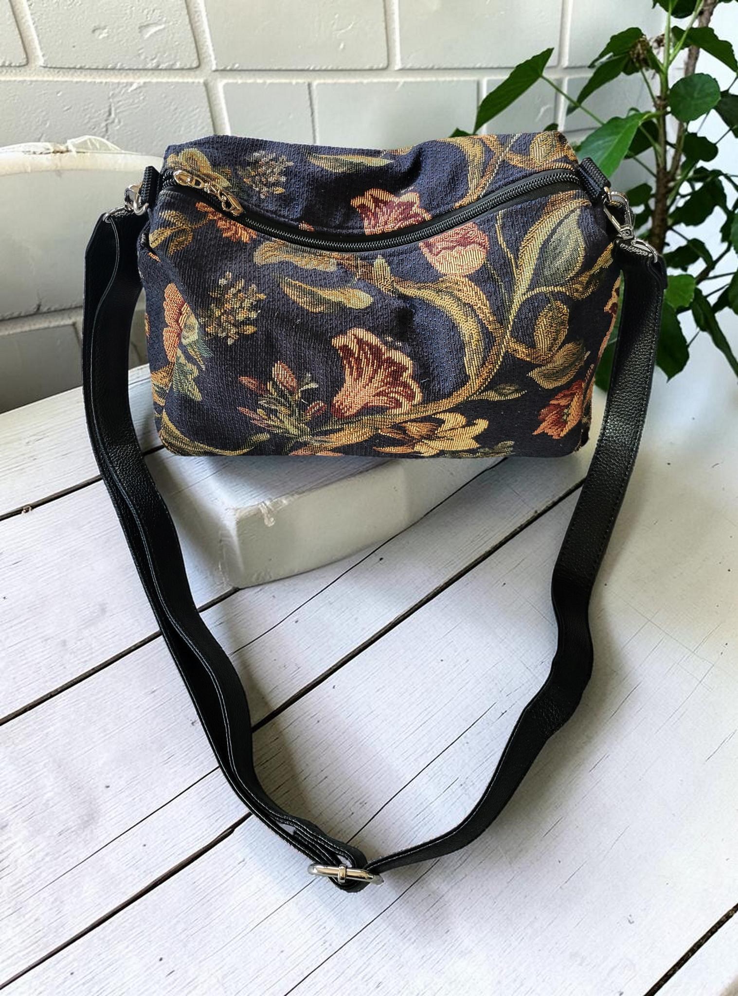 Floral Tapestry Jacquard Crossbody Handbag, Slouchy, Vintage Inspired, view 16