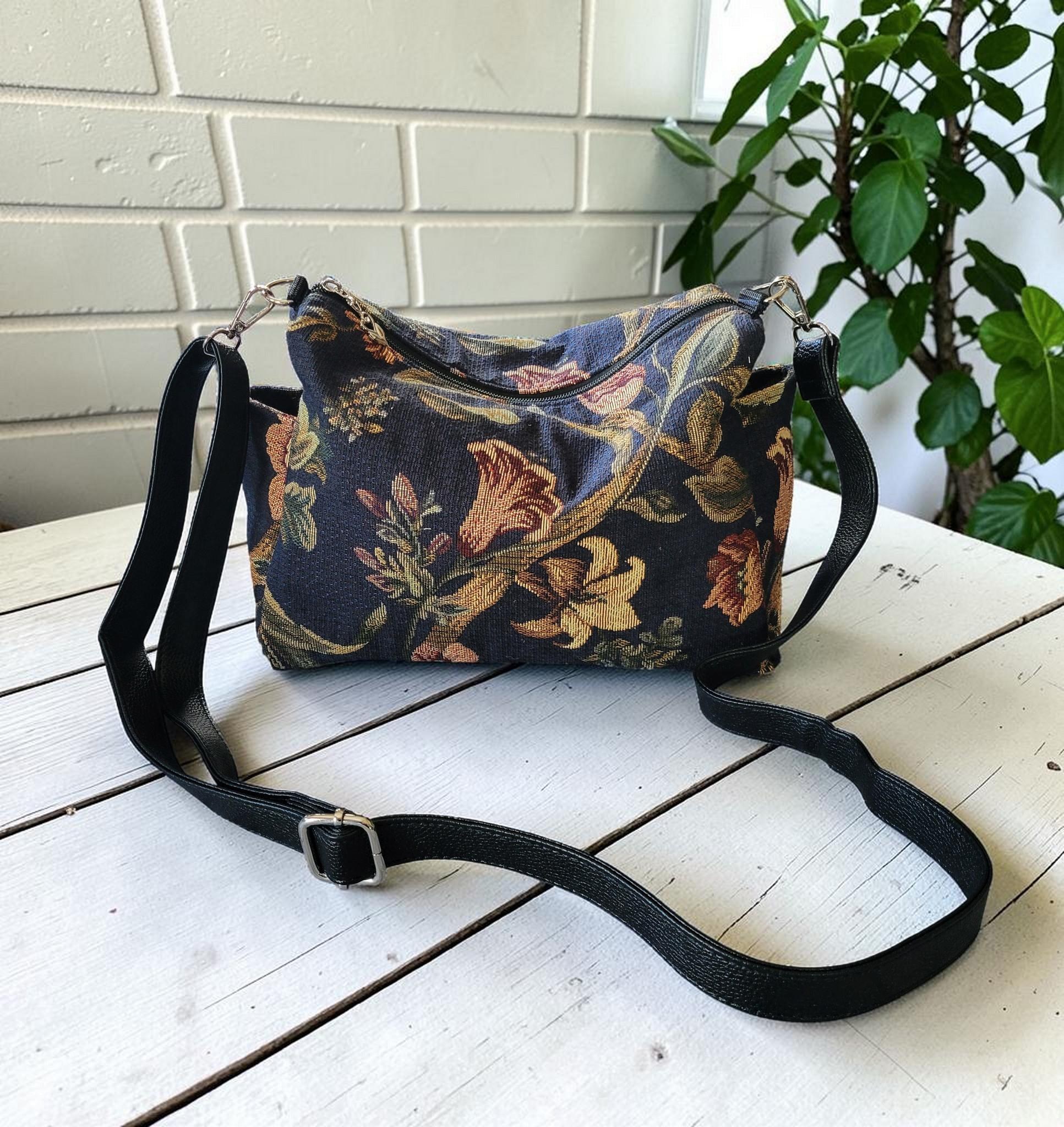 Floral Tapestry Jacquard Crossbody Handbag, Slouchy, Vintage Inspired, view 2