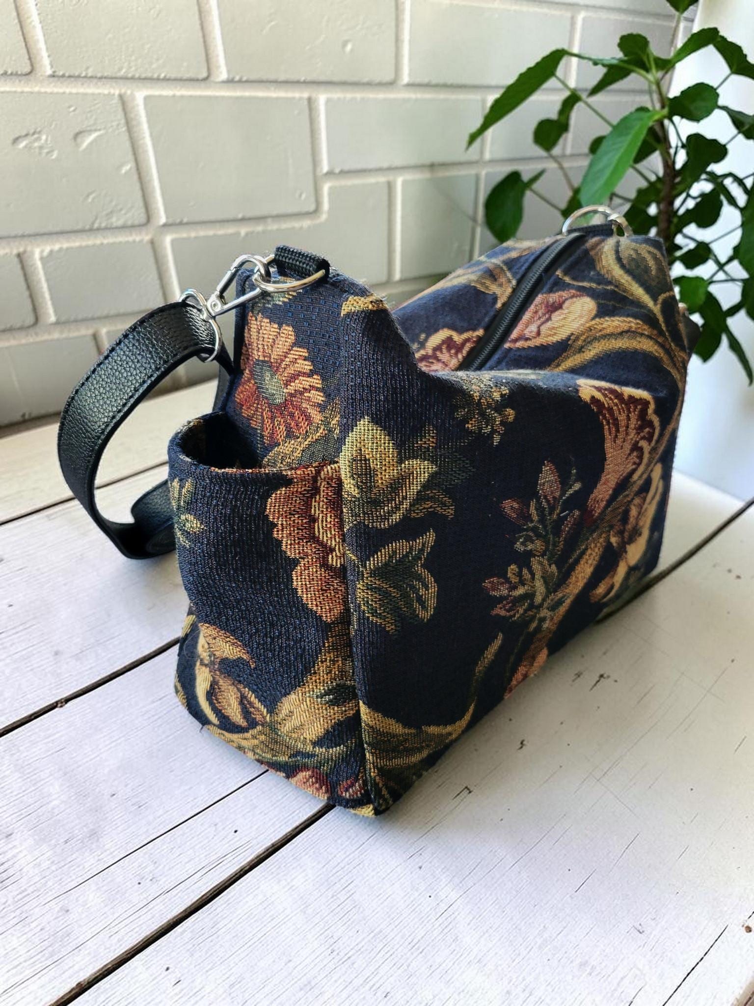 Floral Tapestry Jacquard Crossbody Handbag, Slouchy, Vintage Inspired, view 3