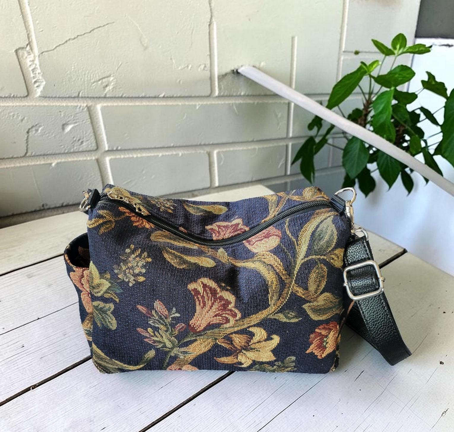 Floral Tapestry Jacquard Crossbody Handbag, Slouchy, Vintage Inspired, view 4