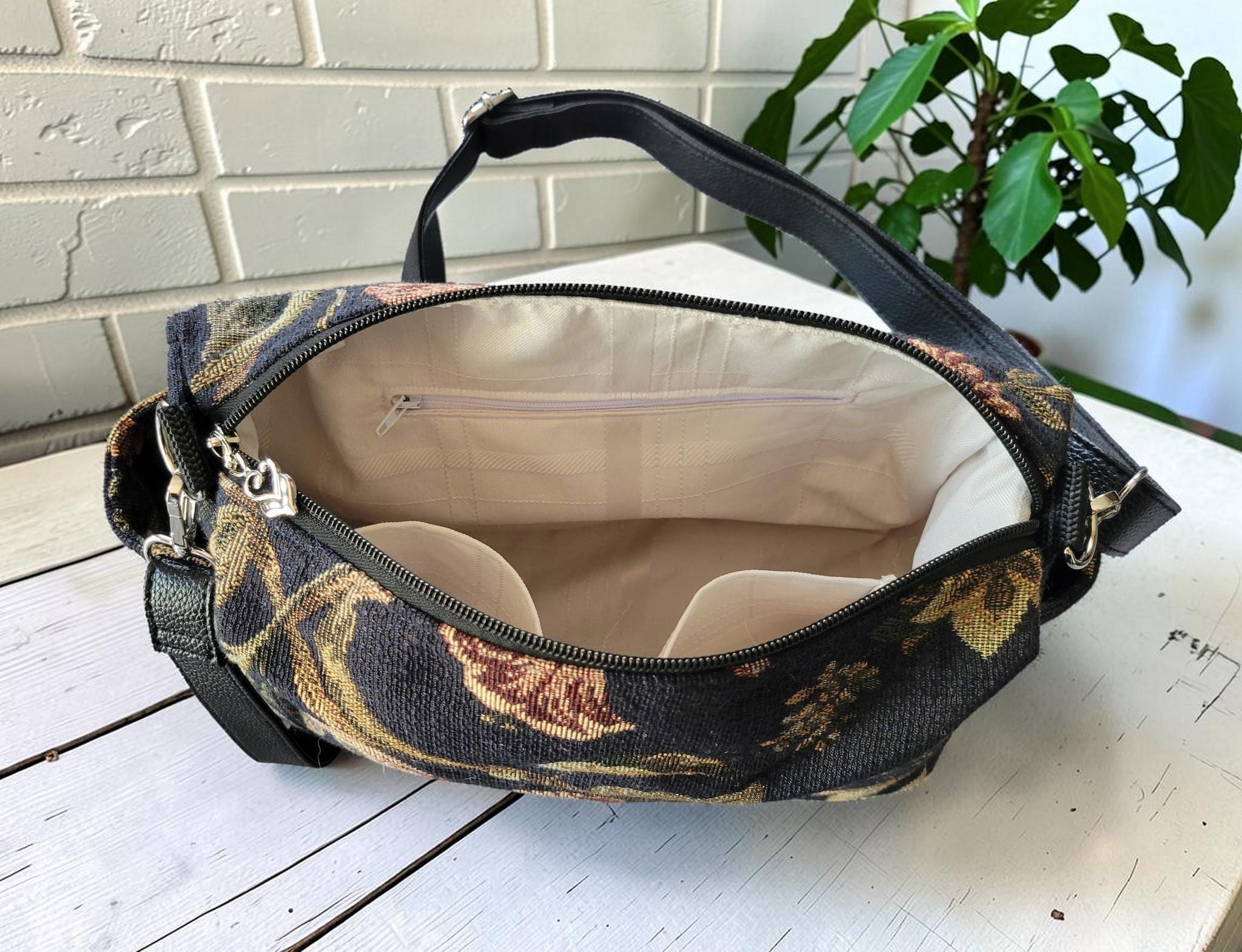 Floral Tapestry Jacquard Crossbody Handbag, Slouchy, Vintage Inspired, view 5