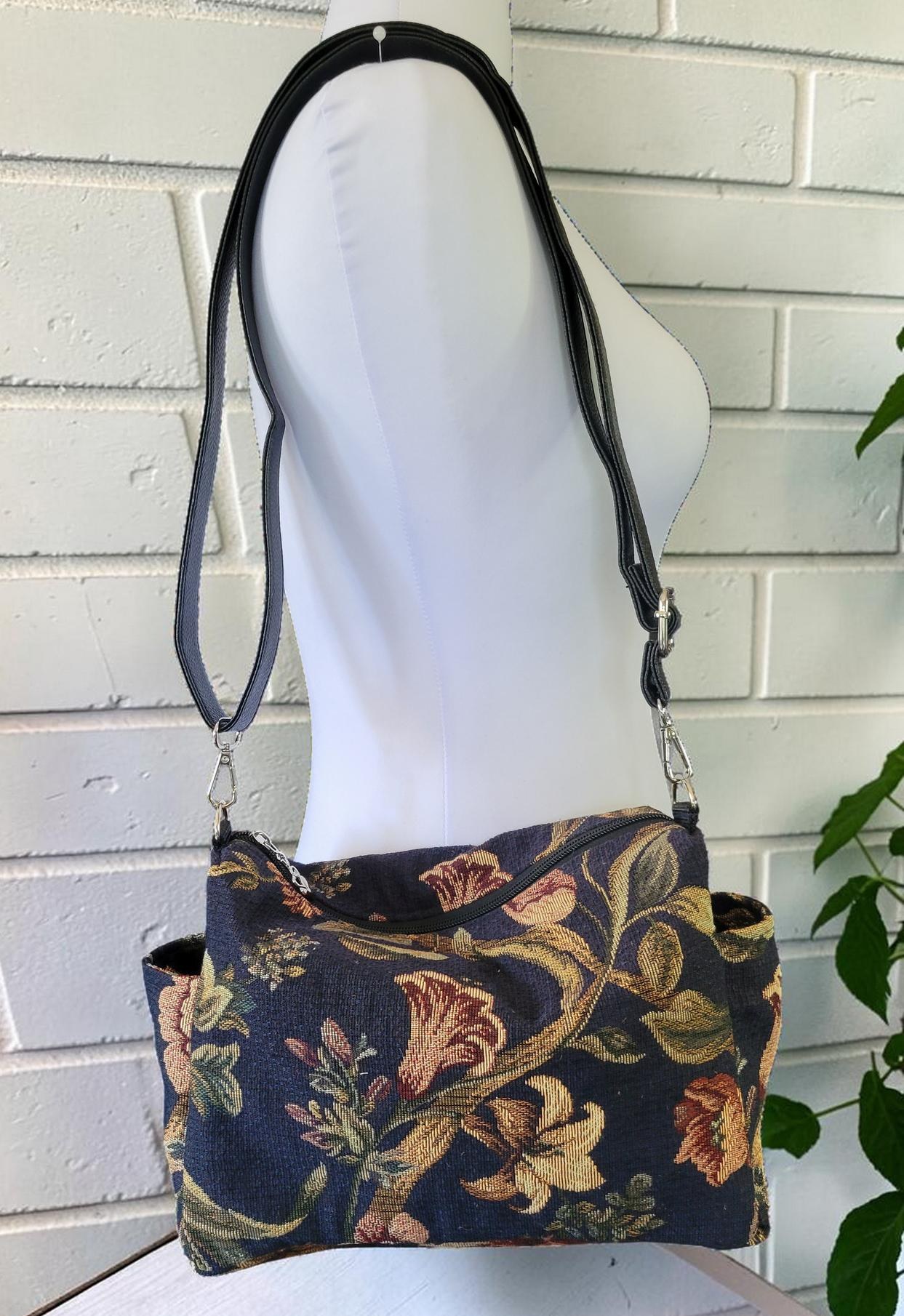 Floral Tapestry Jacquard Crossbody Handbag, Slouchy, Vintage Inspired, view 6