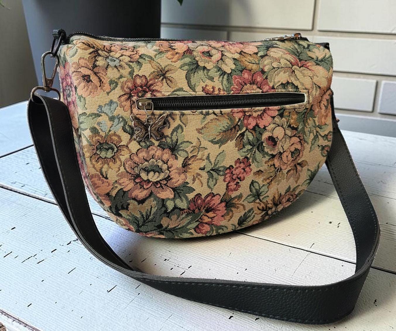 Vintage Floral Half Moon Bag, Tan Woven Shoulder Purse, Romantic Cottagecore Handbag
