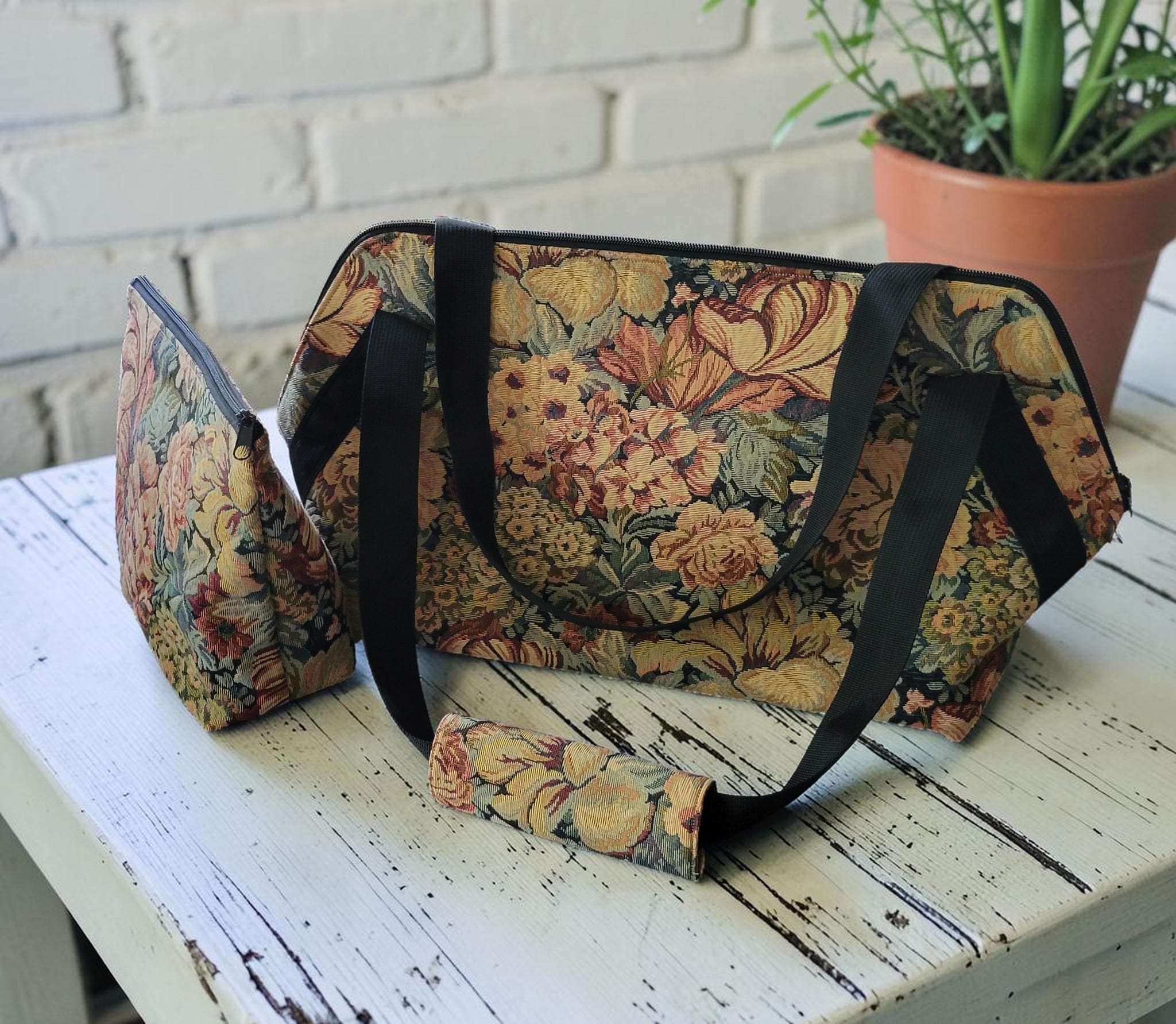 Vintage Floral Jacquard Weekender, Woven Tapestry Travel Tote, Romantic Cottagecore Carryall, view 10