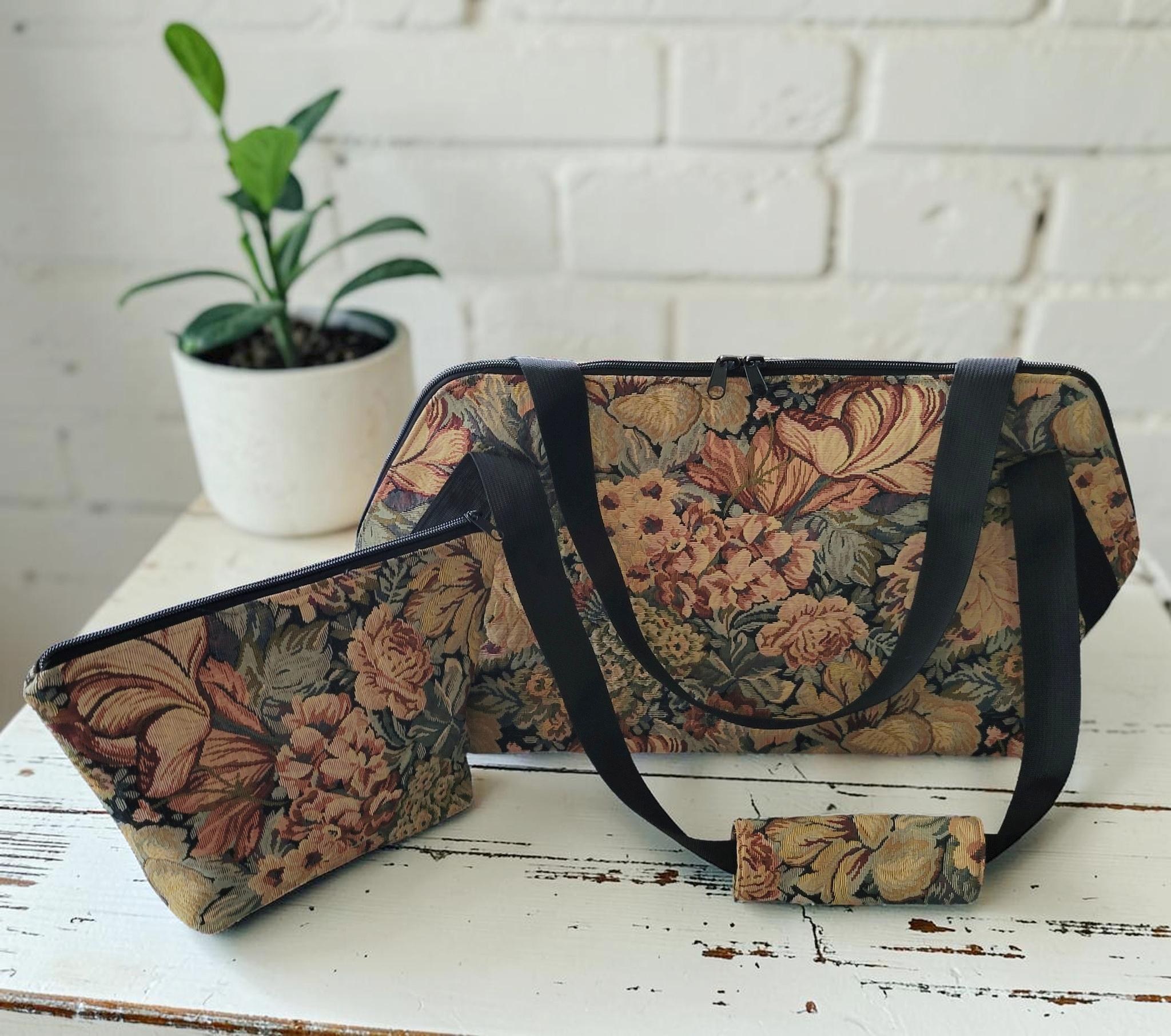 Vintage Floral Jacquard Weekender, Woven Tapestry Travel Tote, Romantic Cottagecore Carryall, view 14