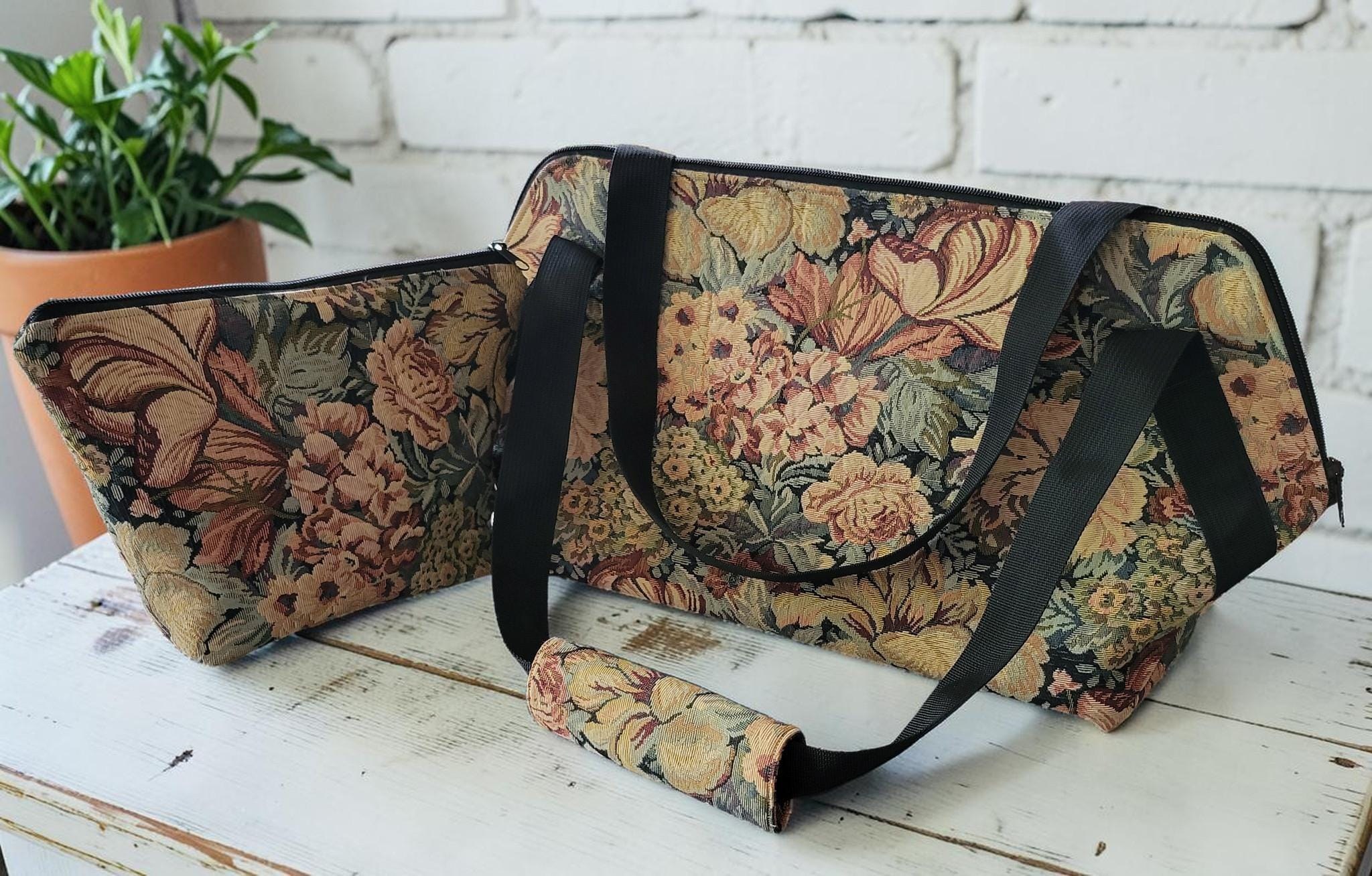 Vintage Floral Jacquard Weekender, Woven Tapestry Travel Tote, Romantic Cottagecore Carryall, view 2