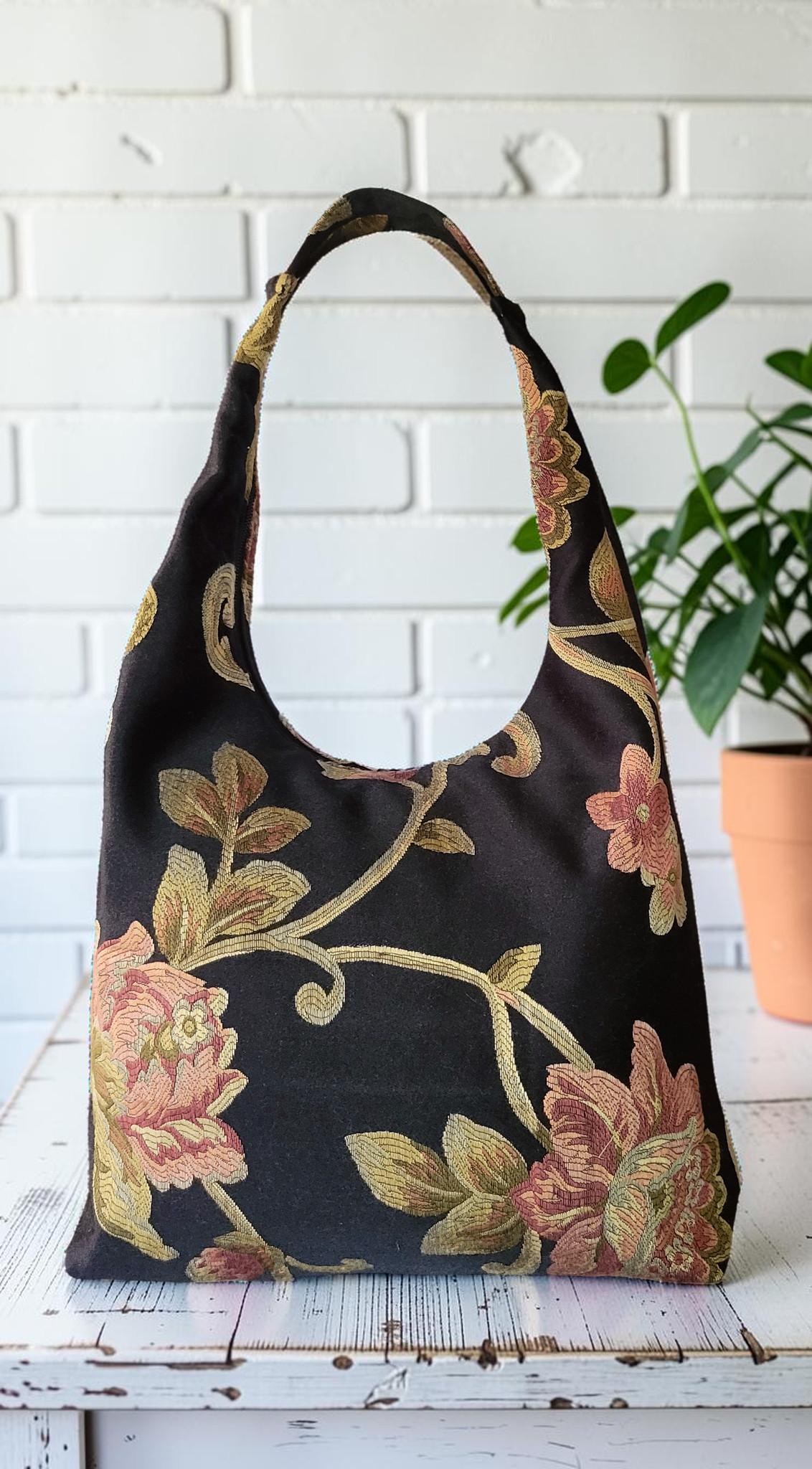 Floral Tapestry Hobo Bag, Black Shoulder Purse, Zipper Tote, Vintage Jacquard Bag, Cottagecore Handbag