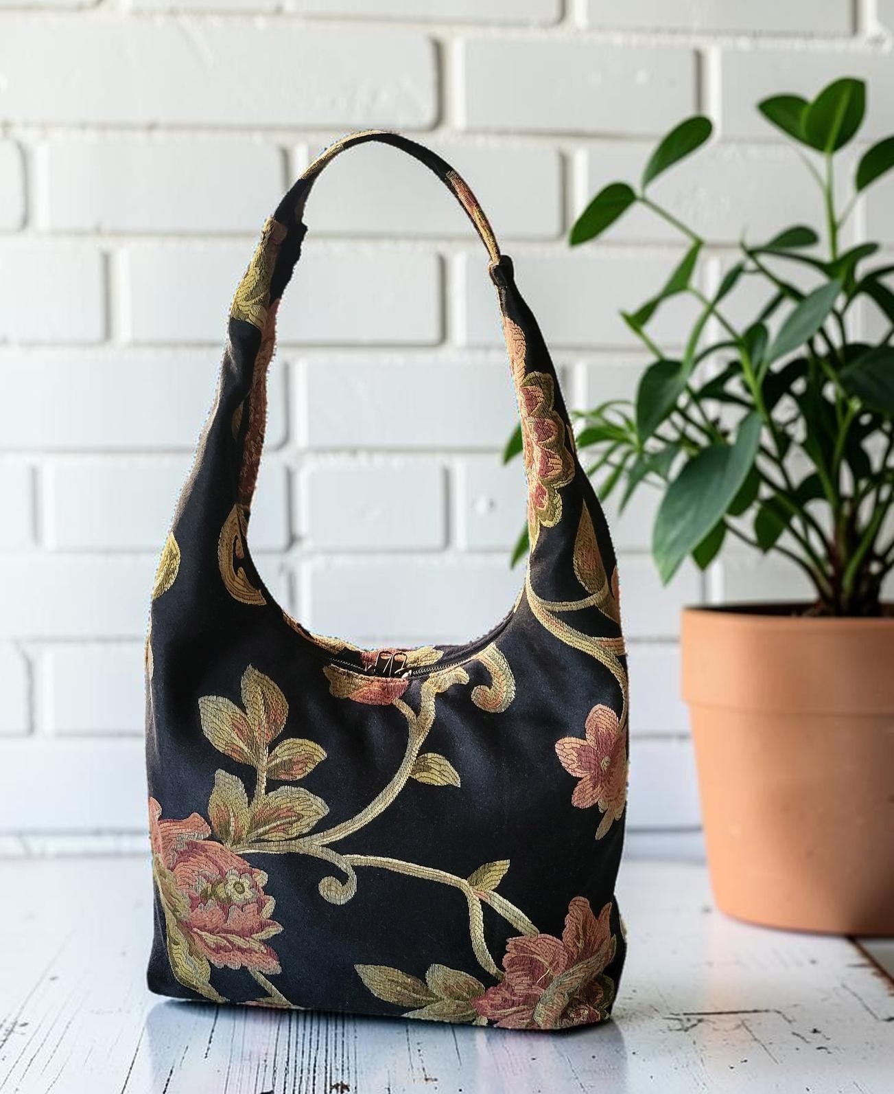 Floral Tapestry Hobo Bag, Black Shoulder Purse, Zipper Tote, Vintage Jacquard Bag, Cottagecore Handbag, view 10