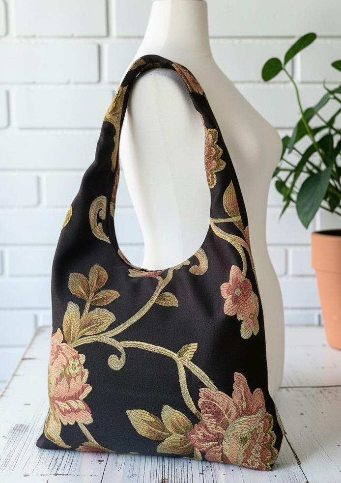Floral Tapestry Hobo Bag, Black Shoulder Purse, Zipper Tote, Vintage Jacquard Bag, Cottagecore Handbag, view 11