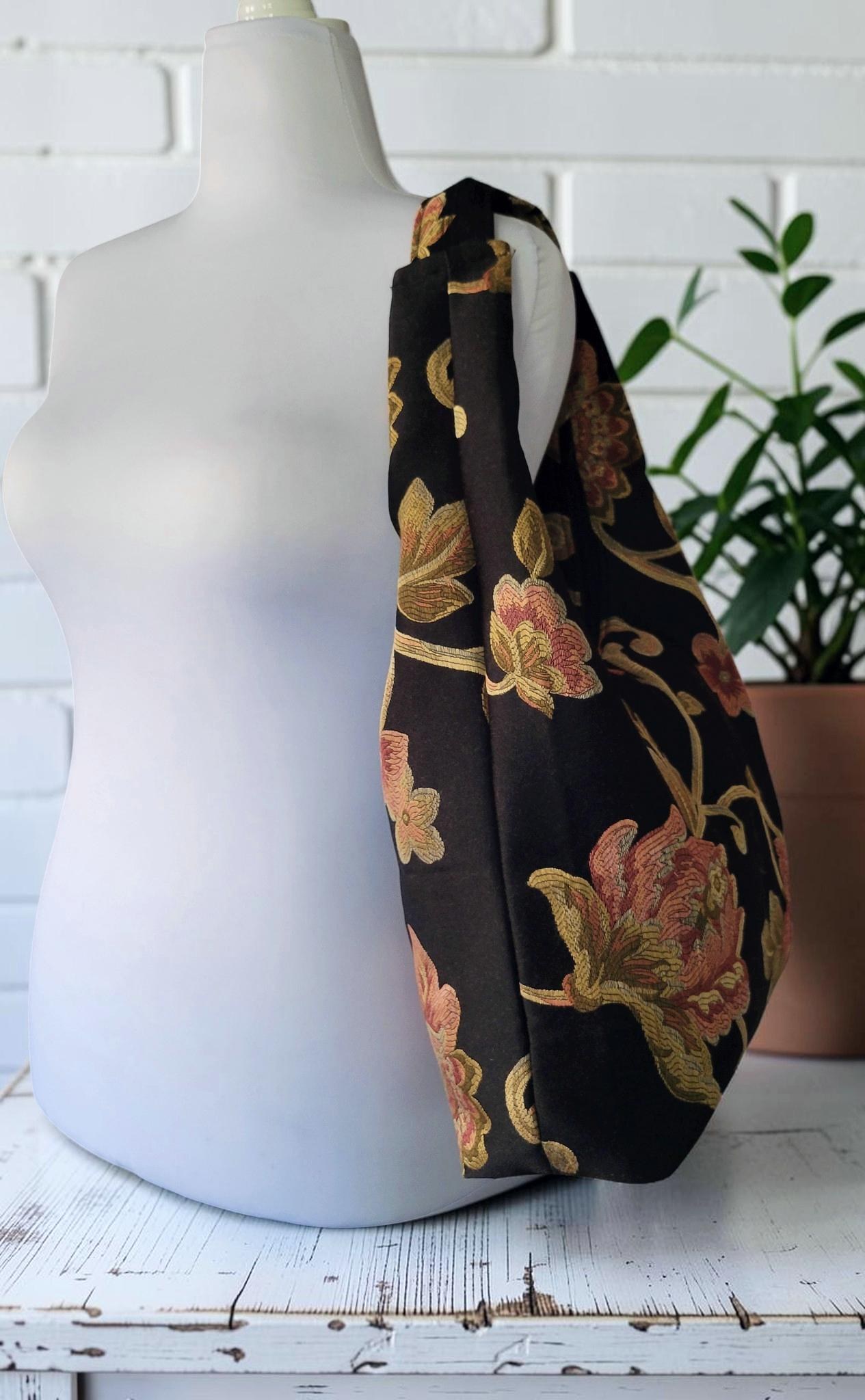 Floral Tapestry Hobo Bag, Black Shoulder Purse, Zipper Tote, Vintage Jacquard Bag, Cottagecore Handbag, view 12