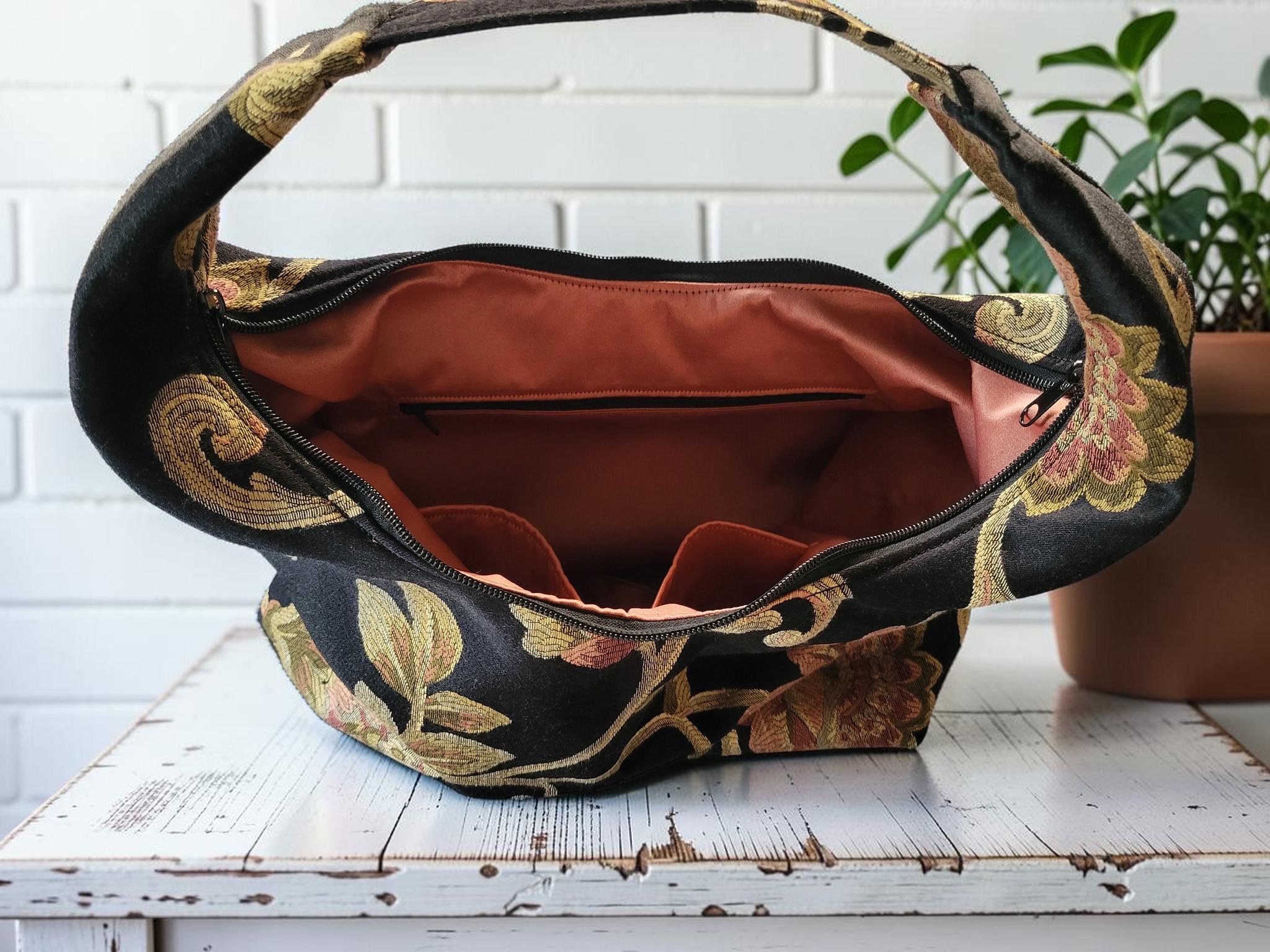 Floral Tapestry Hobo Bag, Black Shoulder Purse, Zipper Tote, Vintage Jacquard Bag, Cottagecore Handbag, view 13