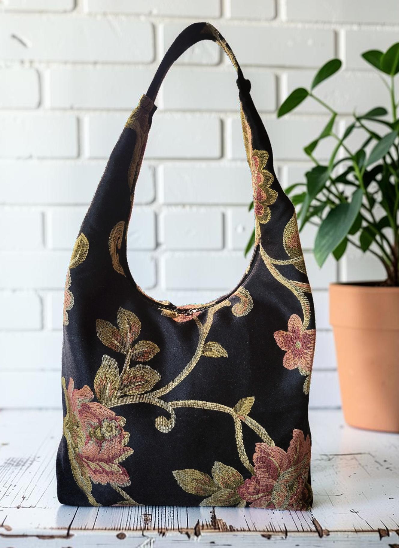 Floral Tapestry Hobo Bag, Black Shoulder Purse, Zipper Tote, Vintage Jacquard Bag, Cottagecore Handbag, view 14