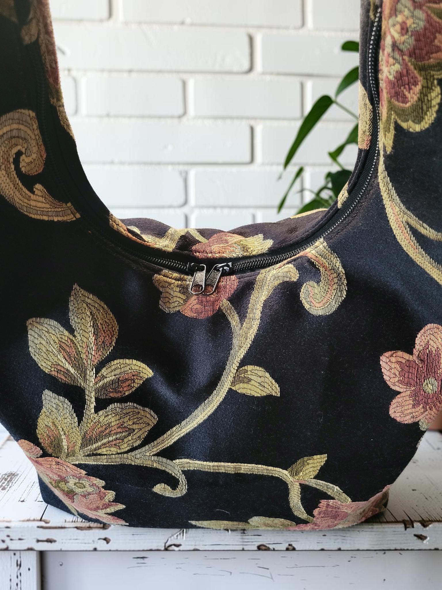 Floral Tapestry Hobo Bag, Black Shoulder Purse, Zipper Tote, Vintage Jacquard Bag, Cottagecore Handbag, view 15